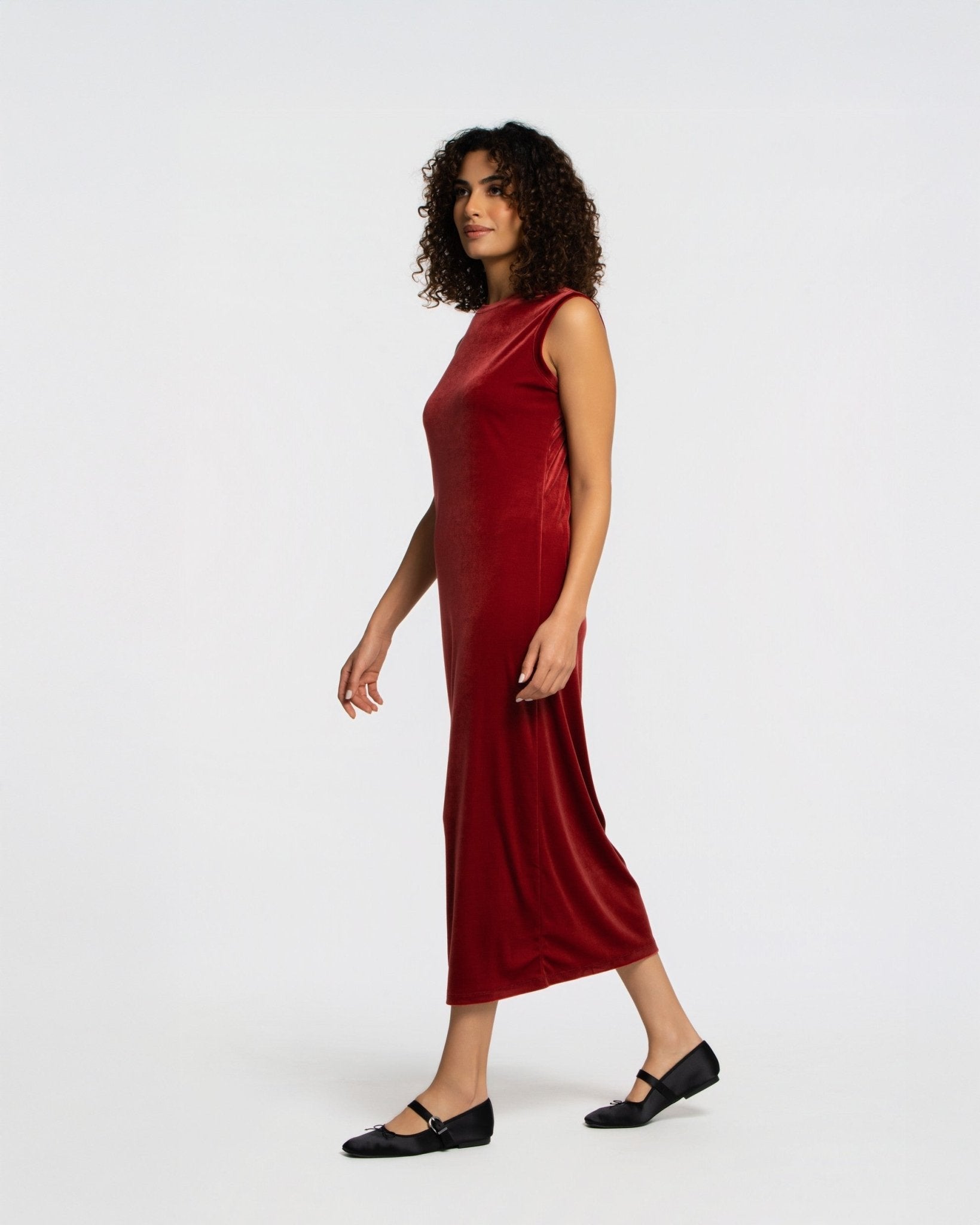 Panne Velour Shift Dress - SEASONAL DARK RED