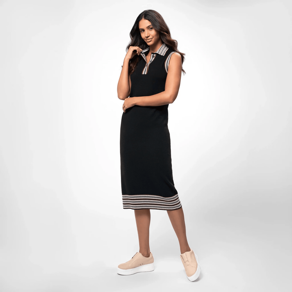 Black cashmere maxi dress with polo collar & longline fit - فستان ماكسي طويل من الكشمير باللون الأسود بياقة بولو