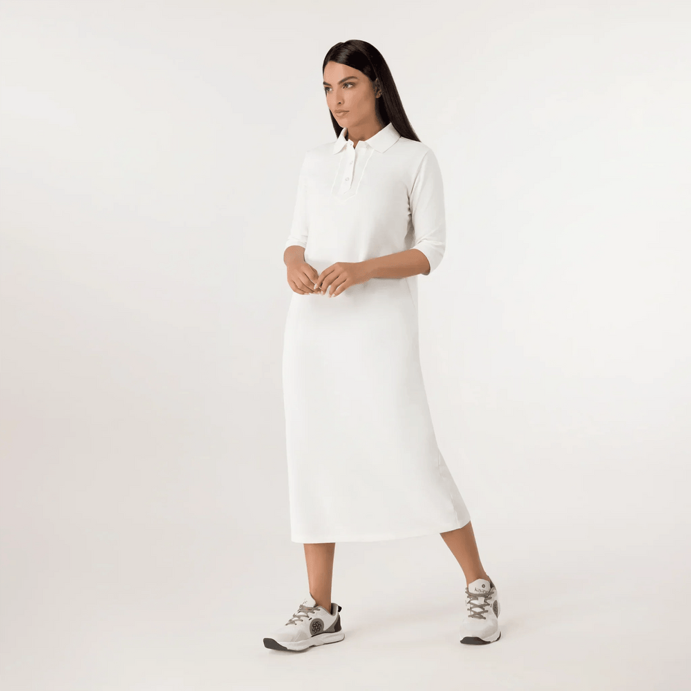 White polo dress with structured fit & classic collar design - فستان بولو أبيض بقصّة متناسقة وتصميم ياقة كلاسيكي