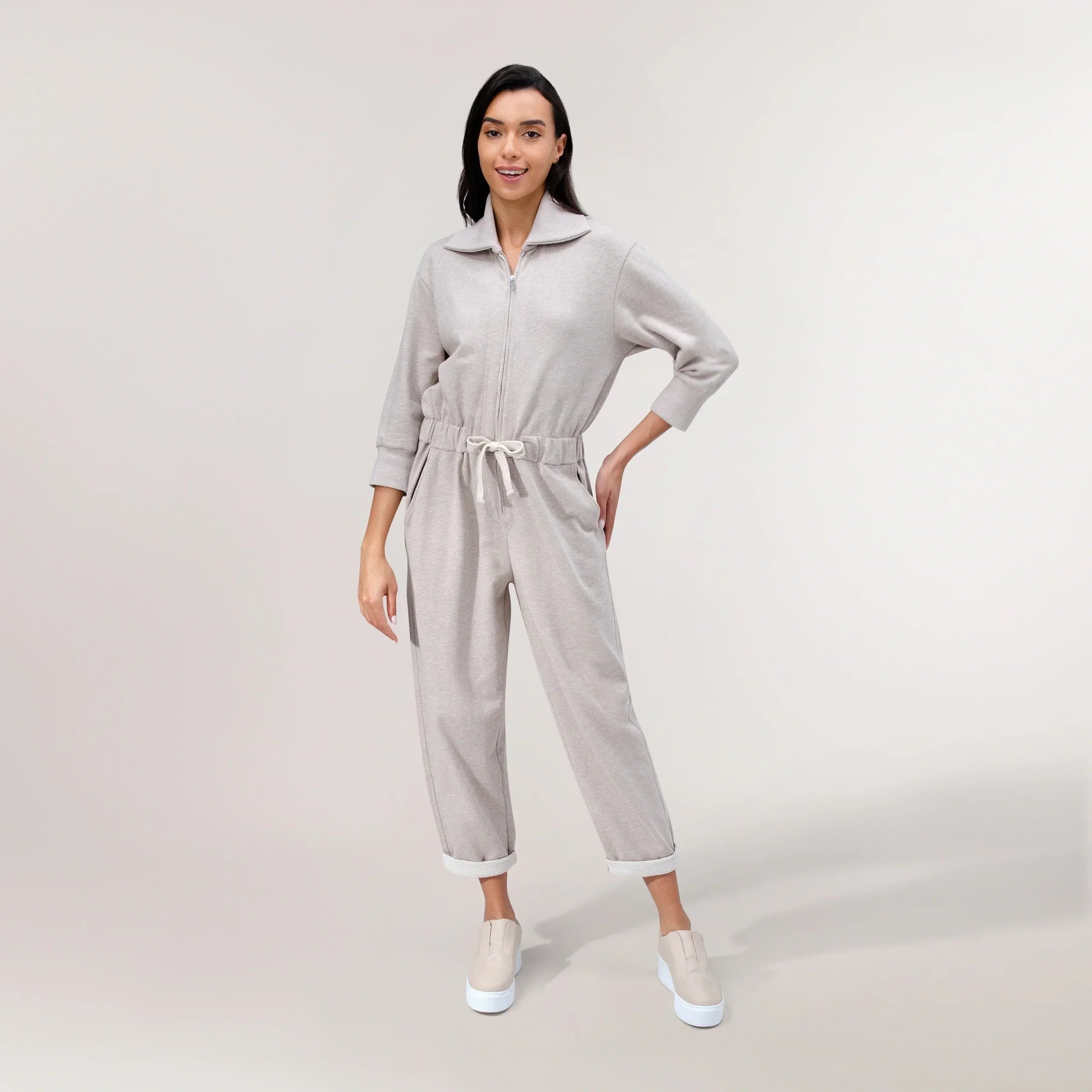 Zip Front Jumpsuit - SEASONAL OATMEAL MELANGE