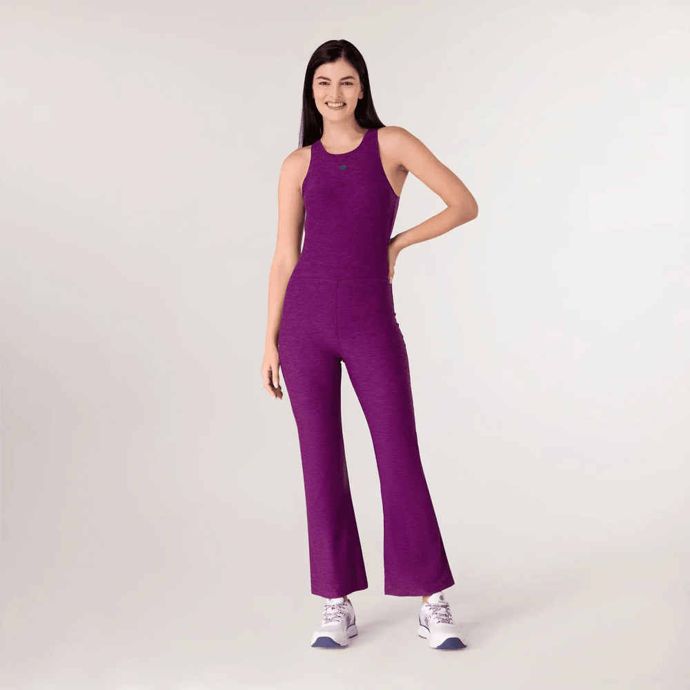 Purple flare unitard with fitted top and wide leg - بدلة ارجوانية واسعة مع جزء علوي ملائم وساق واسع