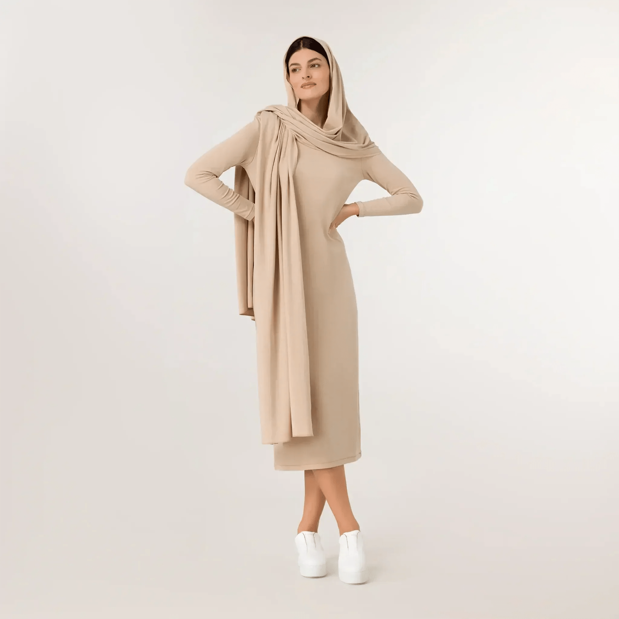 Jersey Dress And Scarf Ensemble - SEASONAL SAND