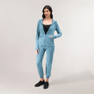 A model wearing core blue good to go hoodie - عارضة أزياء ترتدي هودي باللون الأزرق