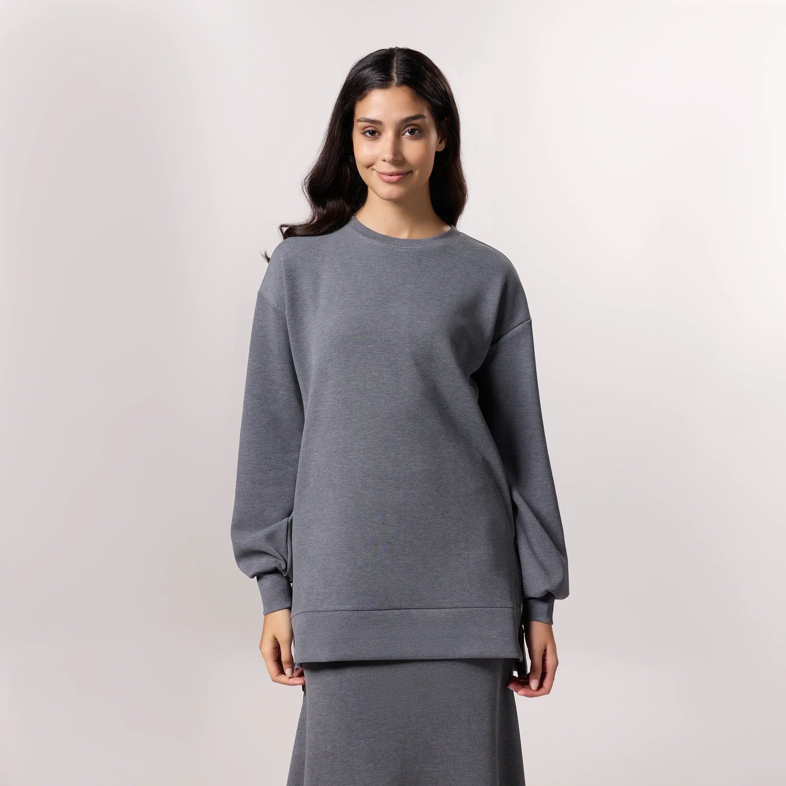 Charcoal melange tunic with soft pullover style - تونيك بلون الفحم الميلانج بتصميم بلوفر ناعم ومريح