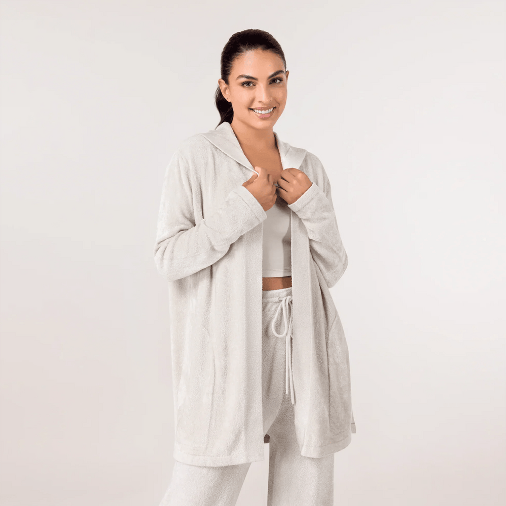 Stone cardigan with open front and soft knit fabric - كارديجان بلون حجري مفتوح من الأمام وقماش محبوك ناعم