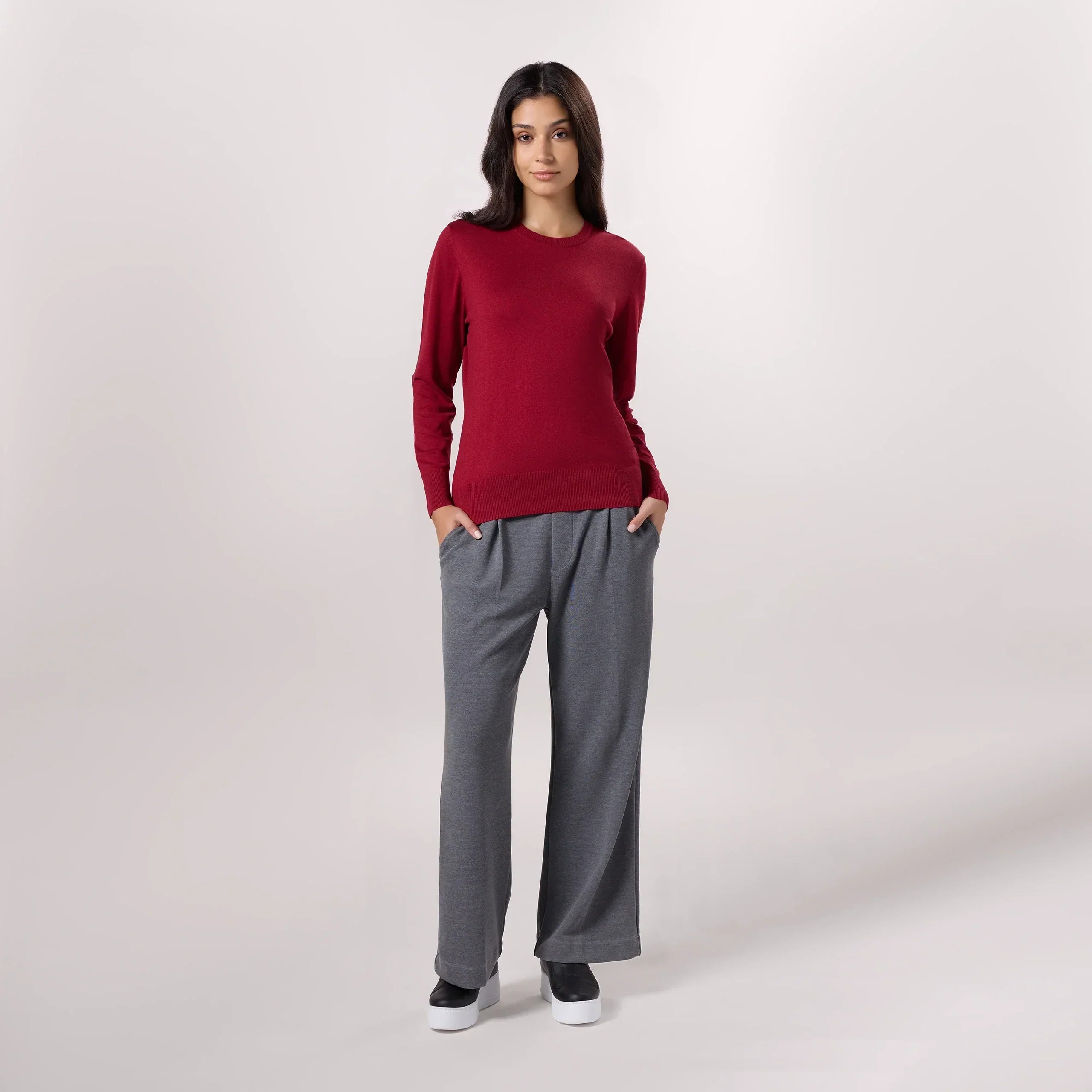 Crewneck Knit Sweater - SEASONAL BURGUNDY