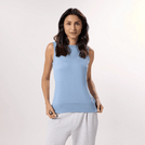 A model wearing seasonal light blue knitted sleeveless sweater - عارضة أزياء ترتدي سترة زرقاء فاتحة اللون بدون أكمام