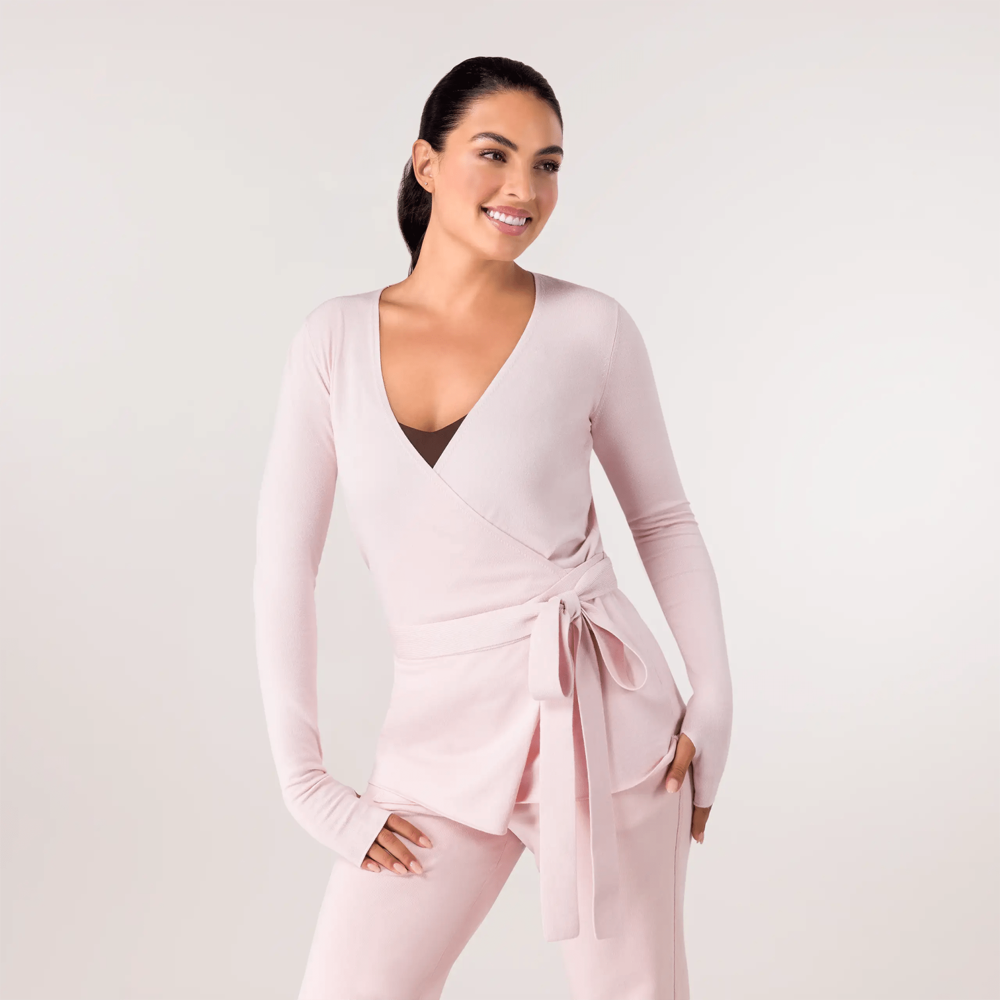 Rose ballerina wrap sweater with waist tie - سترة باليرينا وردية اللون مع رباط خصر