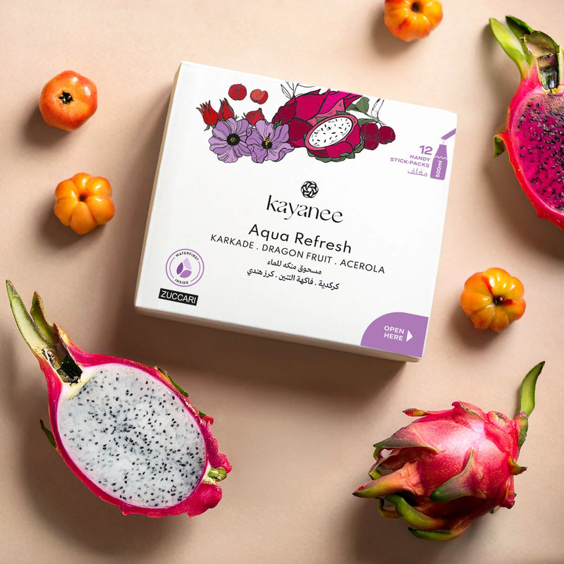 Kayanee hydration powder packets with karakade, dragon fruit, & acerola flavor - أكياس مسحوق الترطيب من كياني بنكهة الكاراكادي وفاكهة التنين والأسيرولا