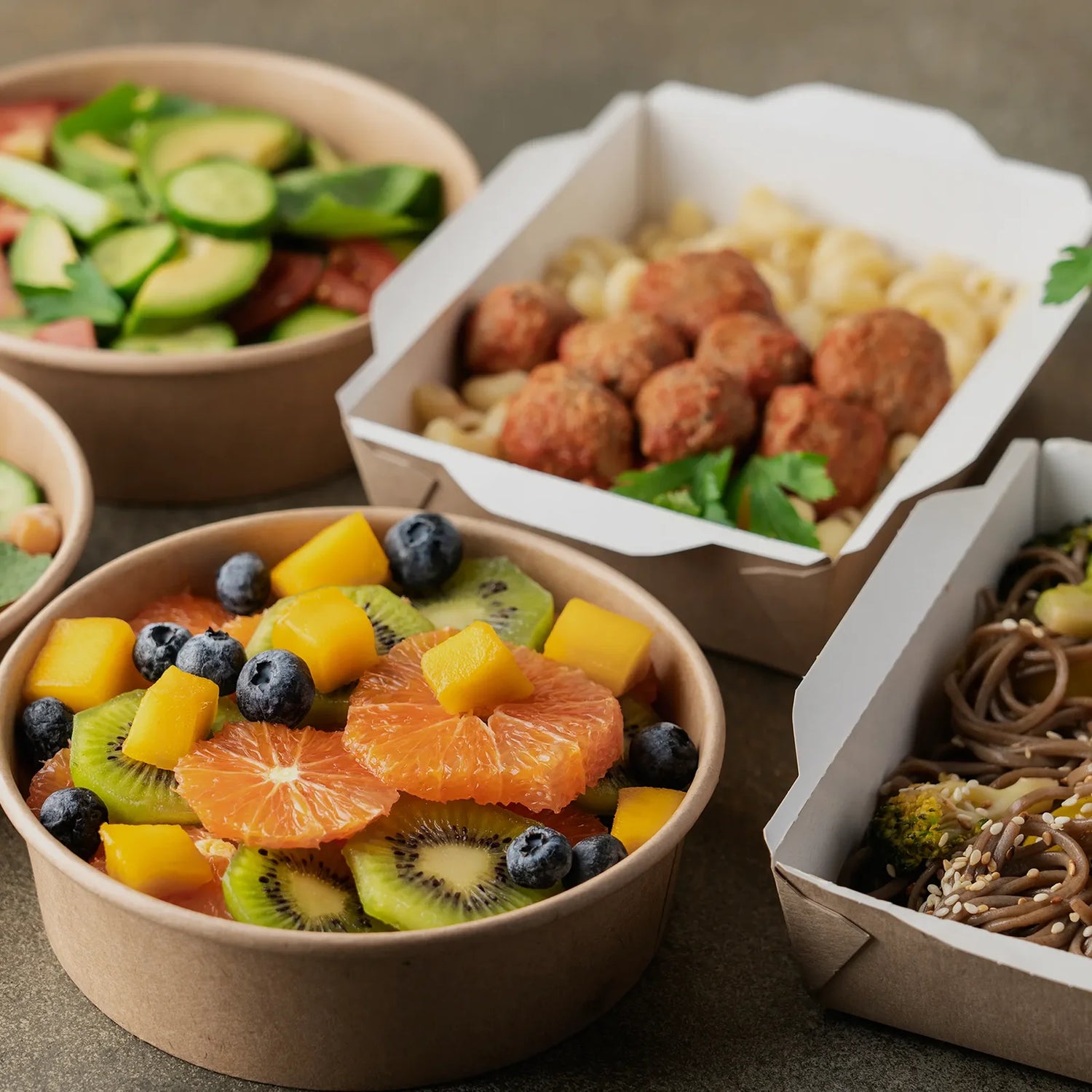 Pre-packaged healthy food platters, containing fruits, vegetables, and more, offered by Kayanee