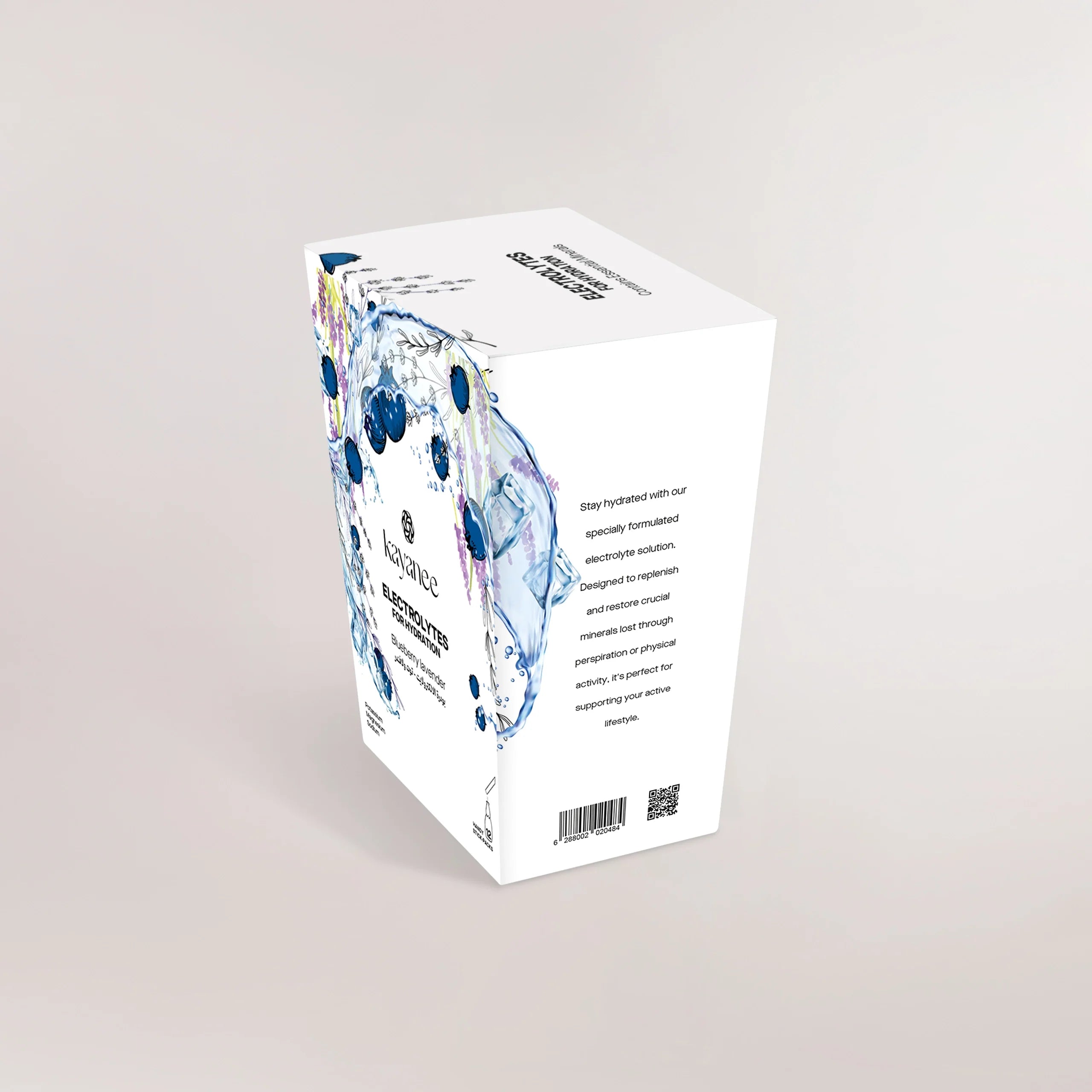 Corner view of electrolytes blueberry lavender box corner view - منظر زاوية لعلبة الإلكتروليت بالعنب البري واللافندر