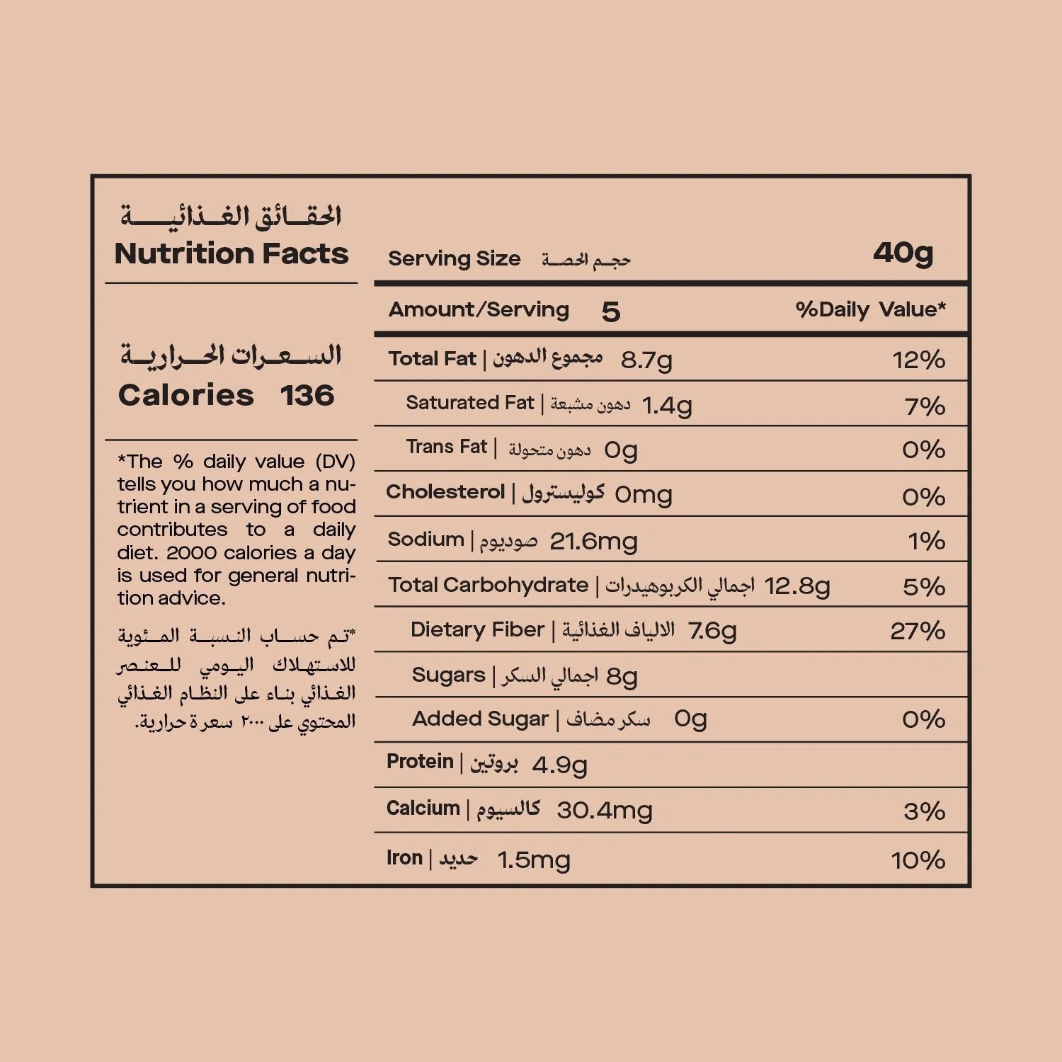 Nutrition facts for kayanee granola with cardamom date - حقائق غذائية عن جرانولا كياني مع الهيل والتمر