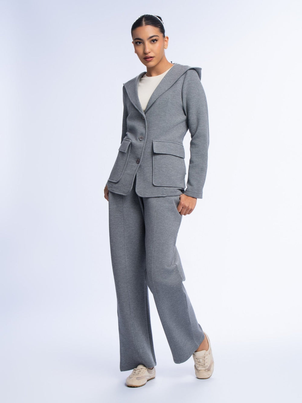 Fitted Hooded Blazer - GREY MELANGE