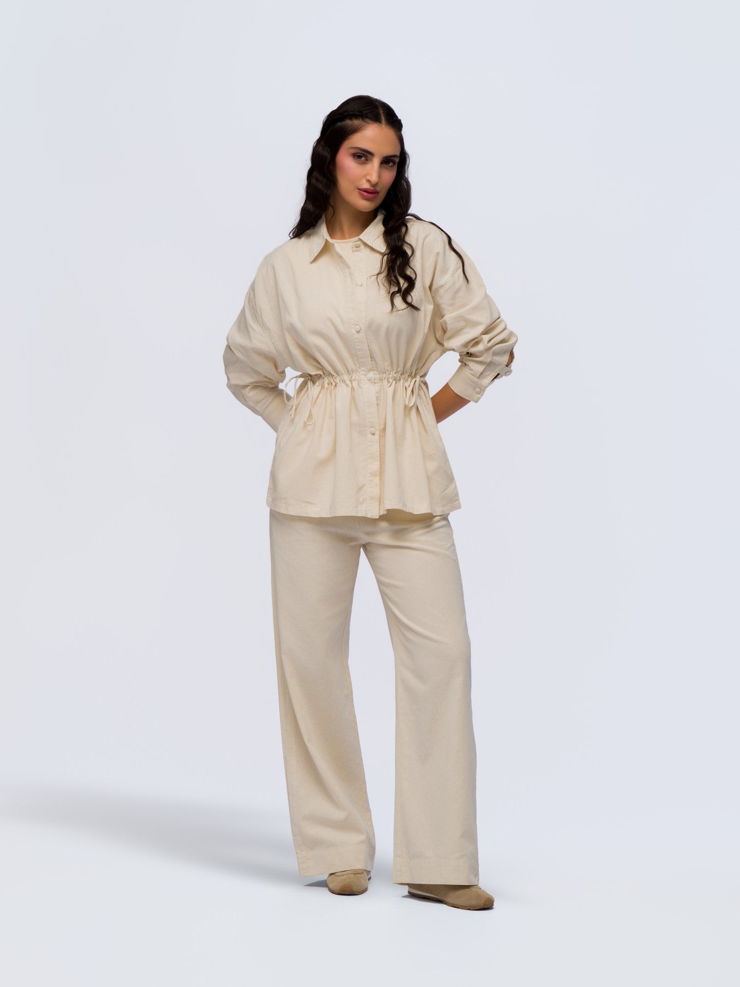 Drawstring Linen Shirt - STONE GREY