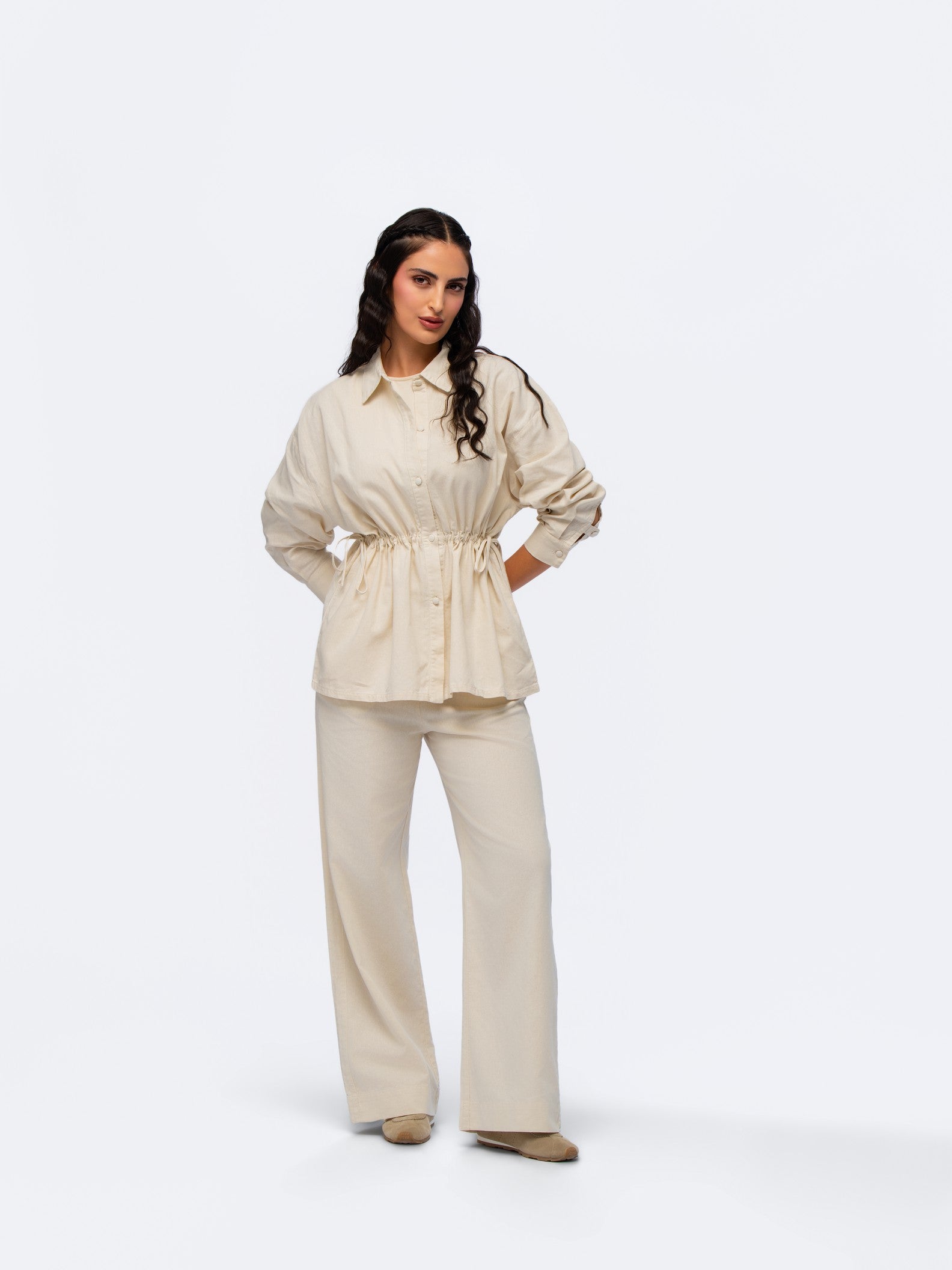 Drawstring Linen Shirt - STONE GREY