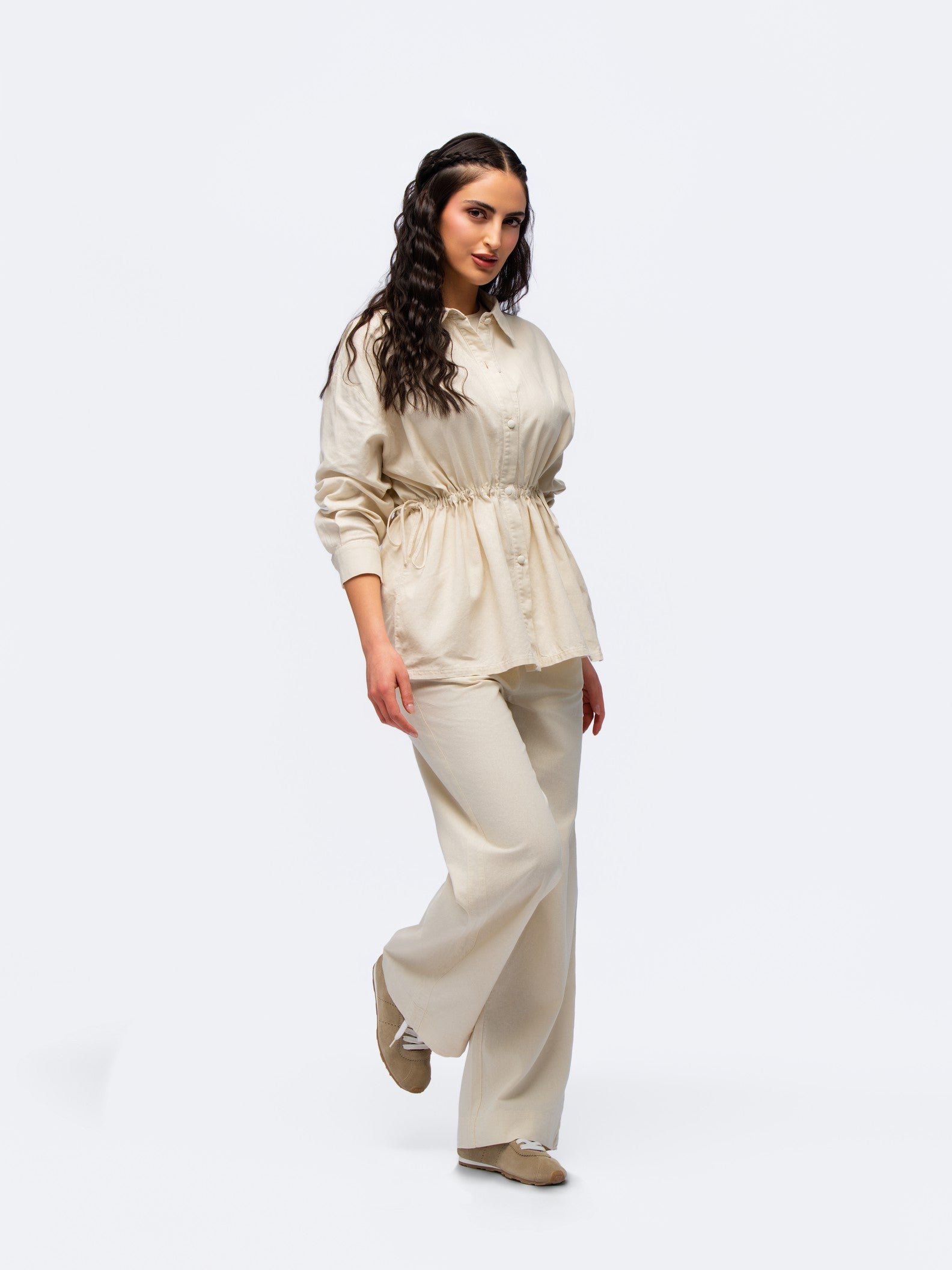 Drawstring Linen Shirt - STONE GREY
