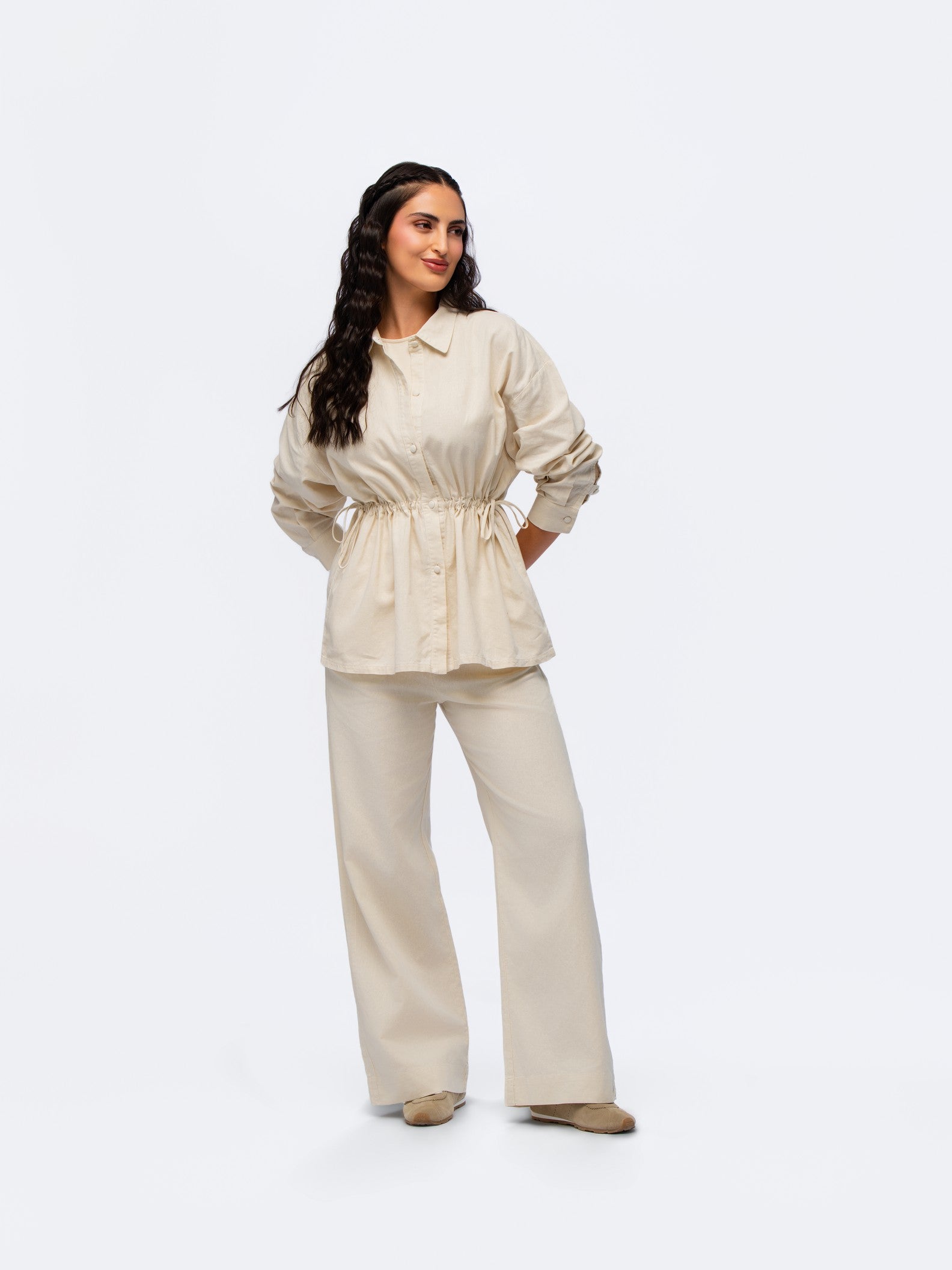 Drawstring Linen Shirt - STONE GREY