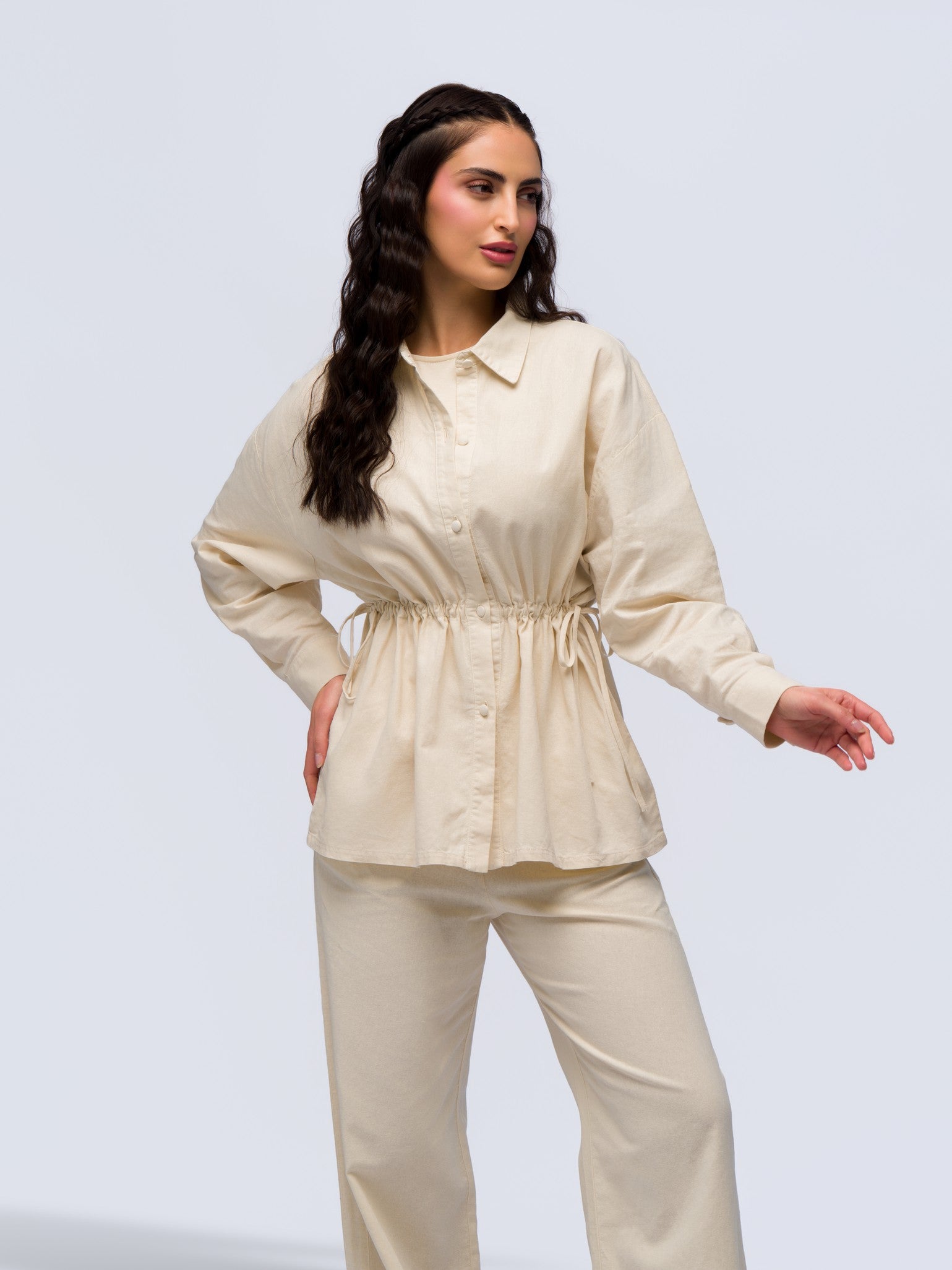 Drawstring Linen Shirt - STONE GREY