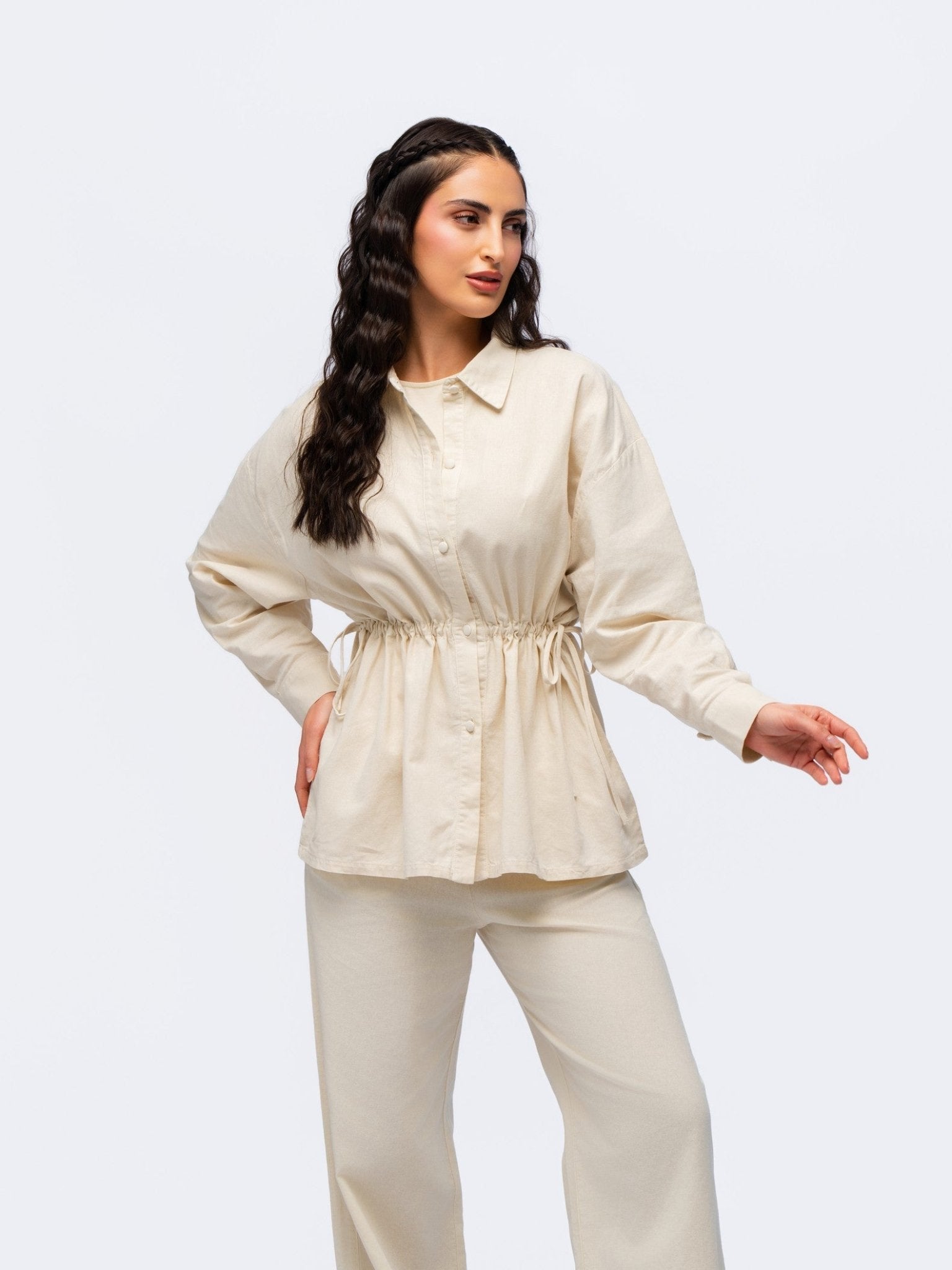 Drawstring Linen Shirt - STONE GREY
