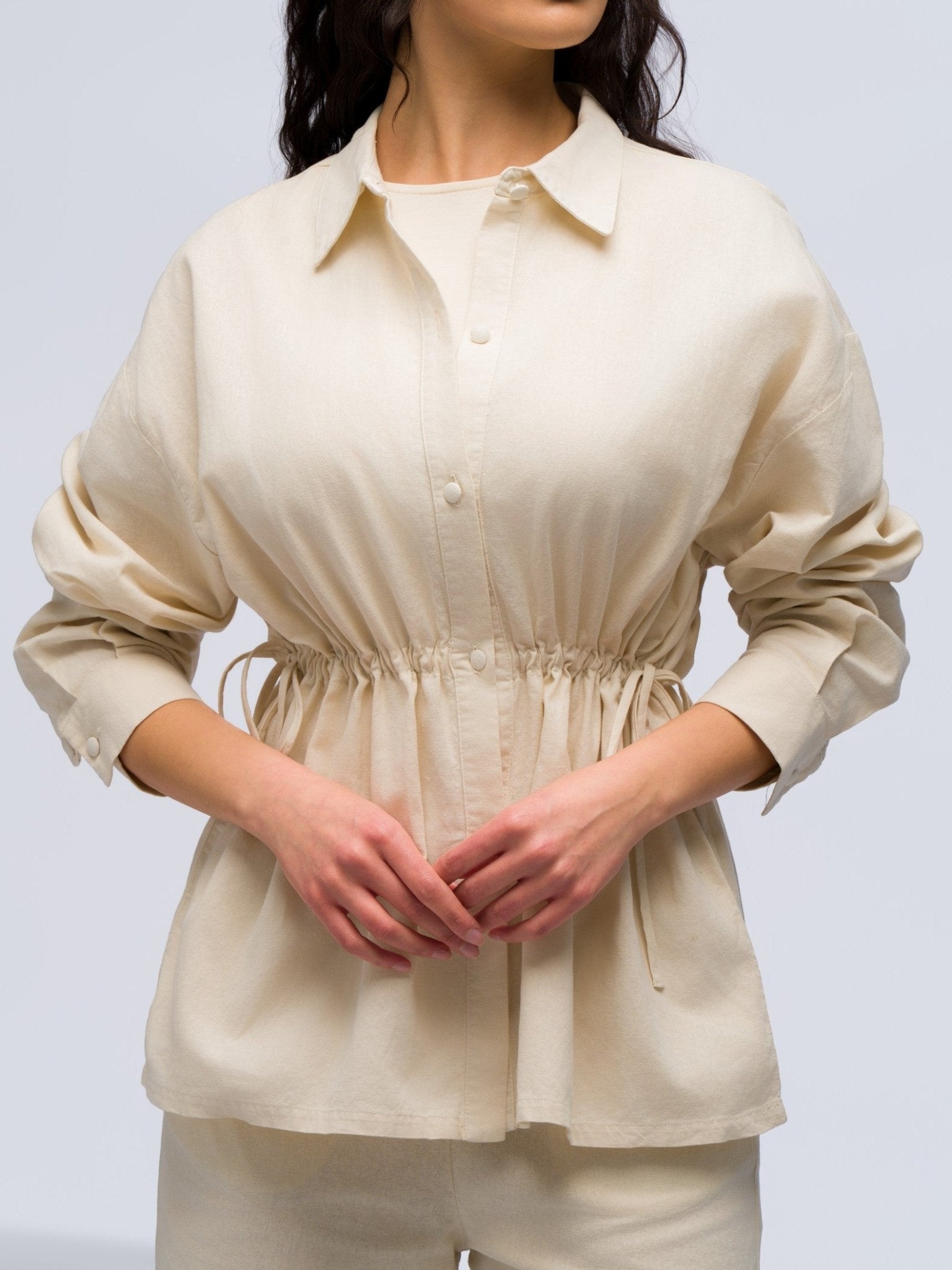 Drawstring Linen Shirt - STONE GREY