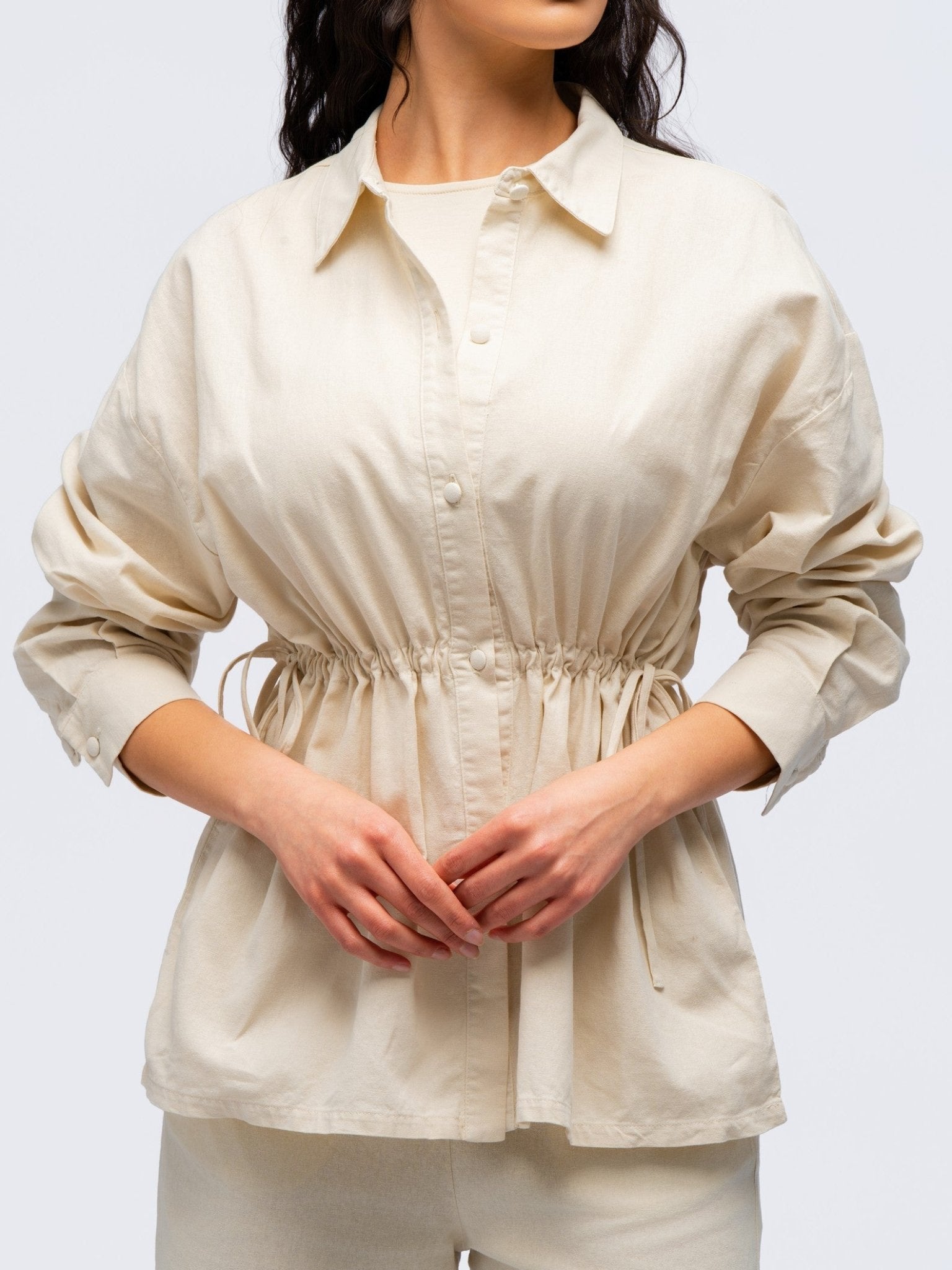 Drawstring Linen Shirt - STONE GREY