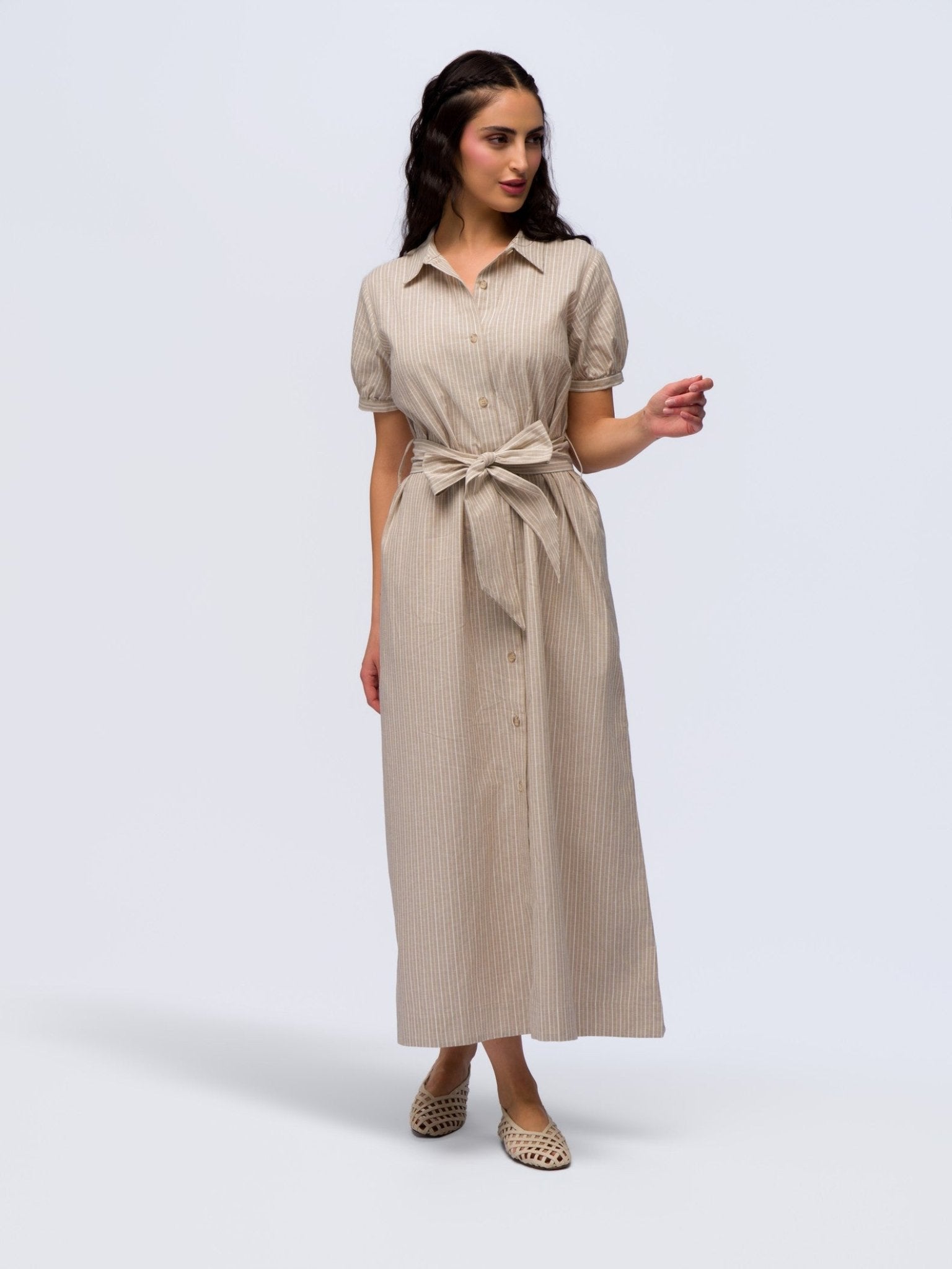 Linen Dress - BEIGE & CREAM STRIPES