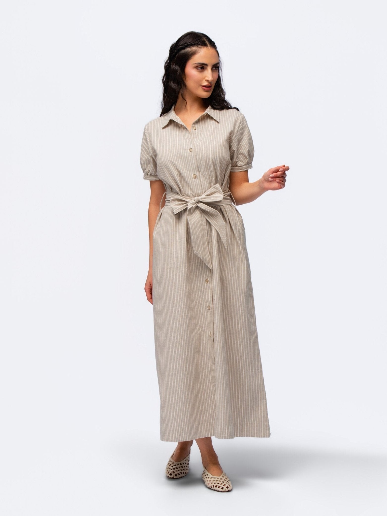 Linen Dress - BEIGE & CREAM STRIPES