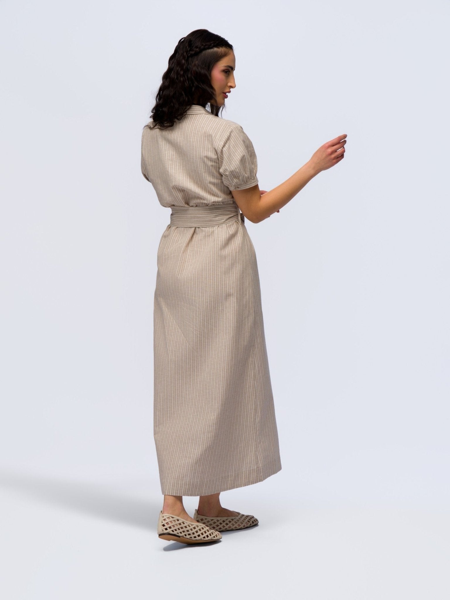 Linen Dress - BEIGE & CREAM STRIPES