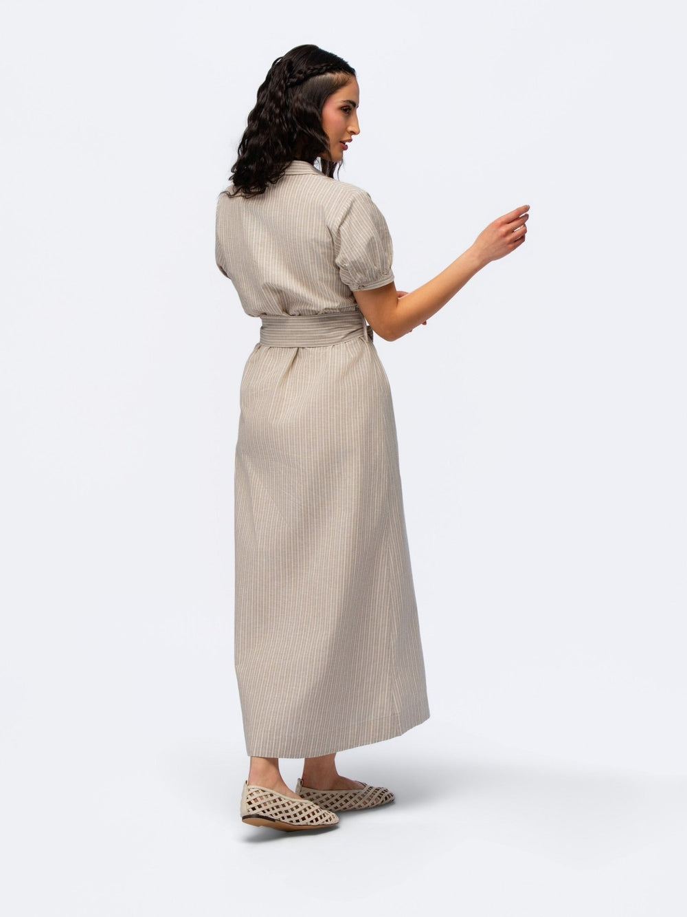 Linen Dress - BEIGE & CREAM STRIPES