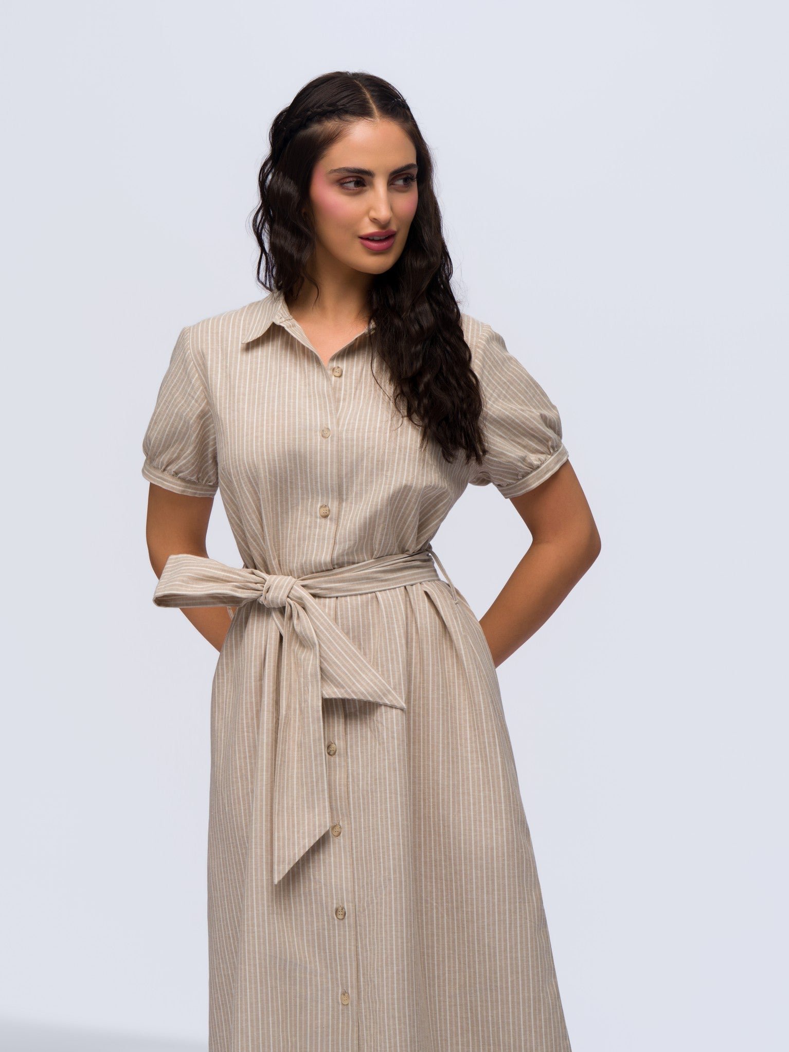 Linen Dress - BEIGE & CREAM STRIPES
