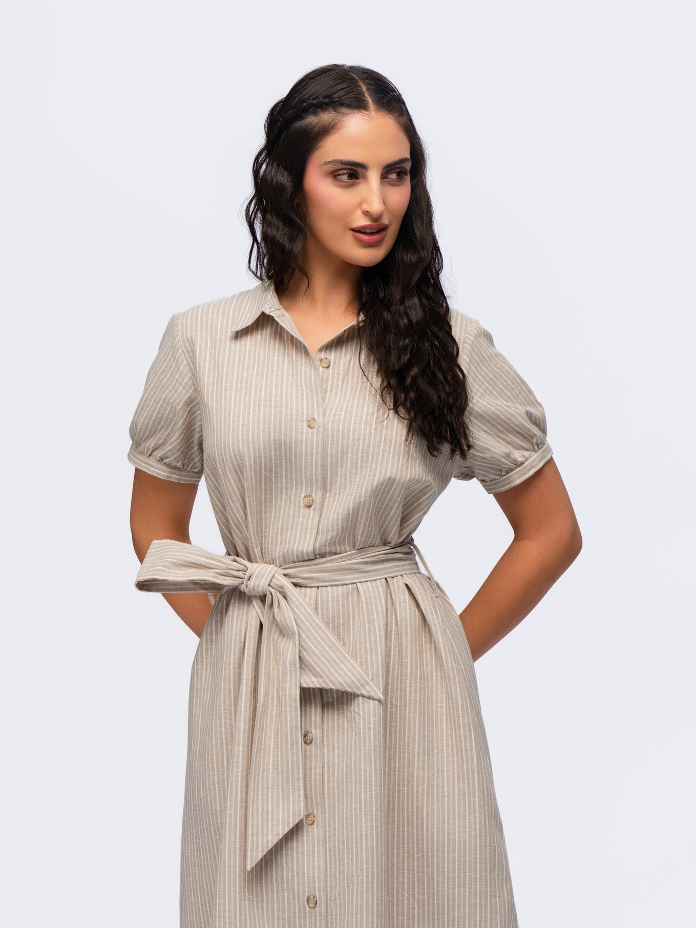 Linen Dress - BEIGE & CREAM STRIPES