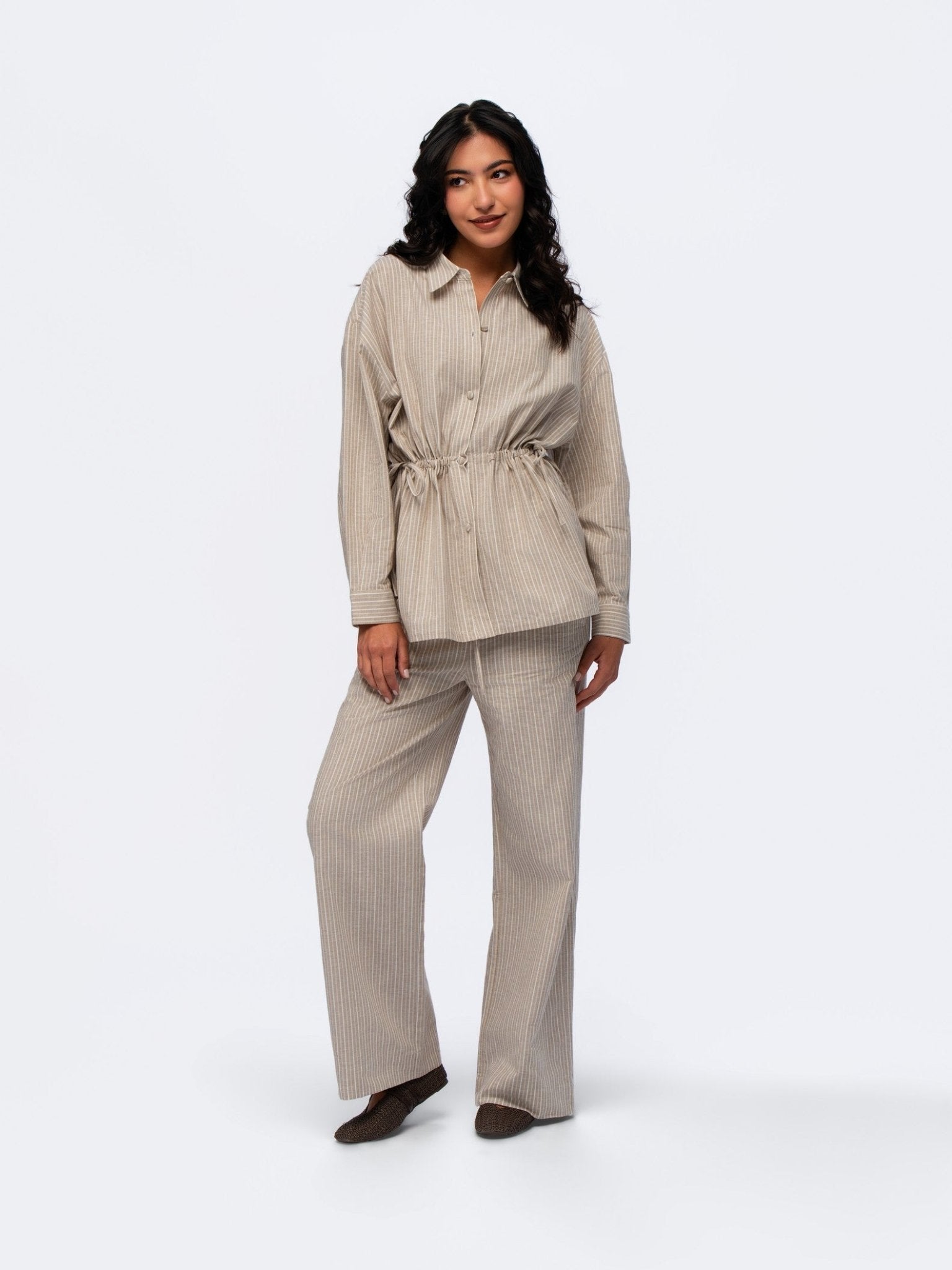 Drawstring Linen Shirt - BEIGE & CREAM STRIPES