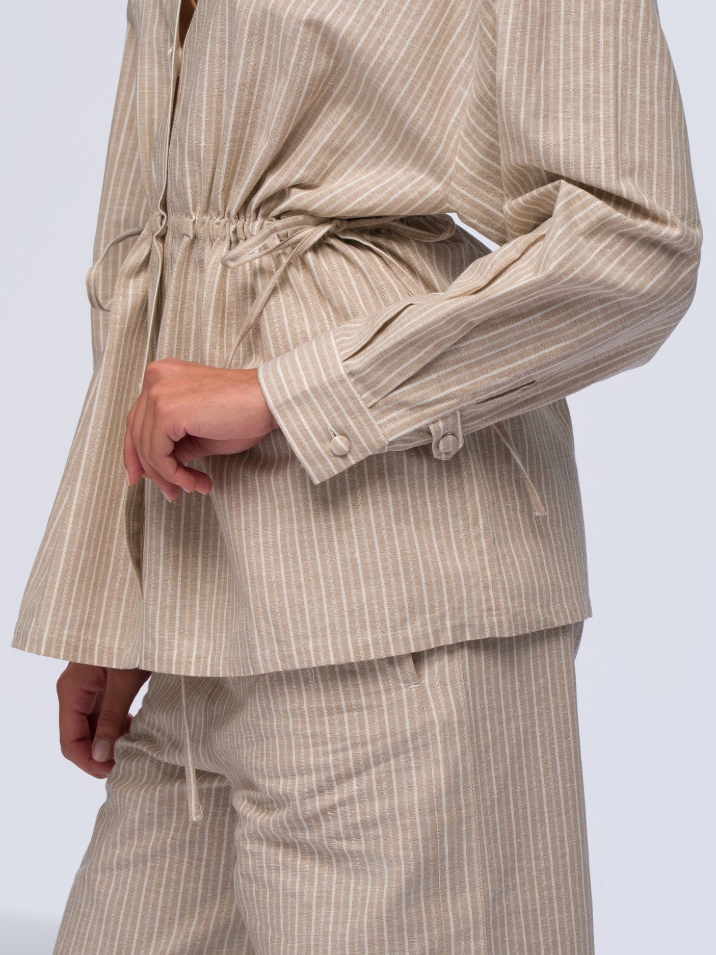 Drawstring Linen Shirt - BEIGE & CREAM STRIPES