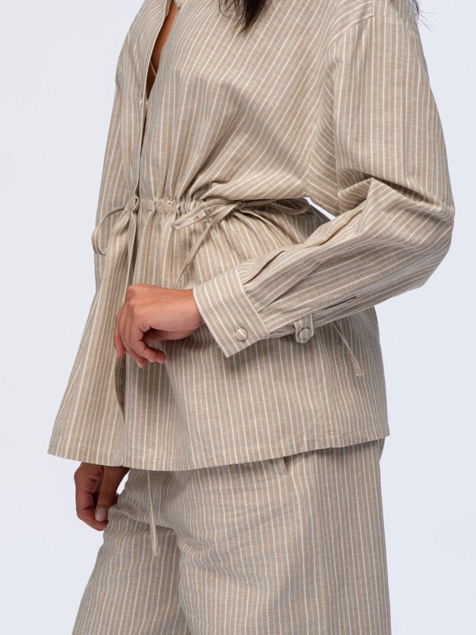 Drawstring Linen Shirt - BEIGE & CREAM STRIPES