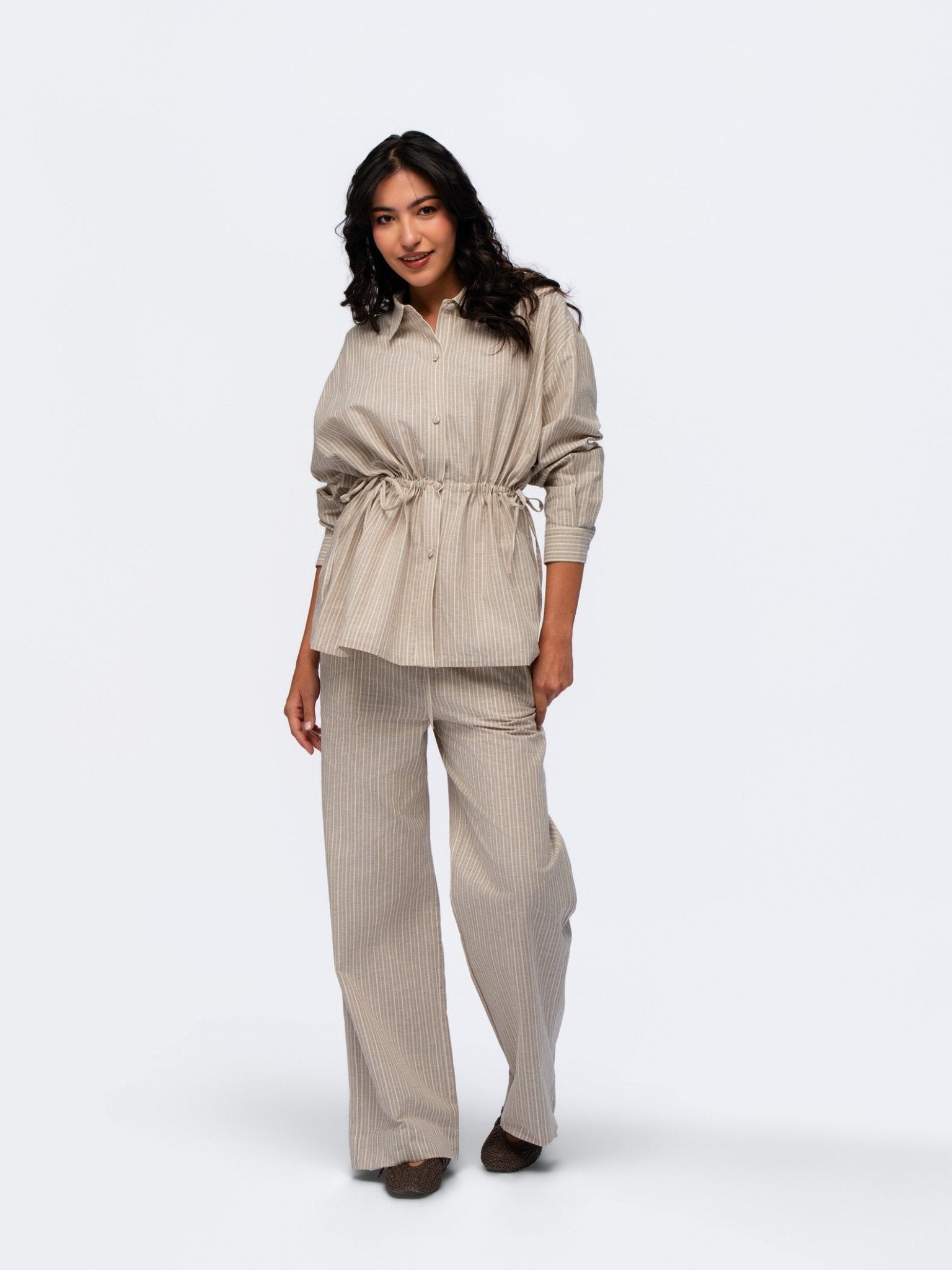 Drawstring Linen Shirt - BEIGE & CREAM STRIPES
