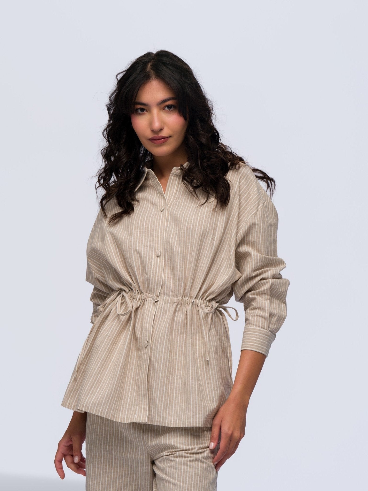 Drawstring Linen Shirt - BEIGE & CREAM STRIPES