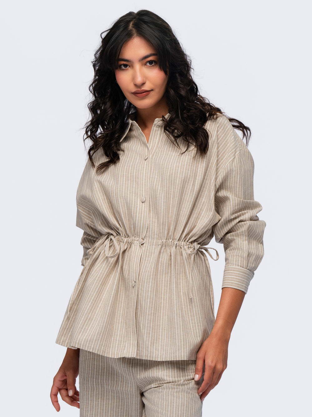 Drawstring Linen Shirt - BEIGE & CREAM STRIPES