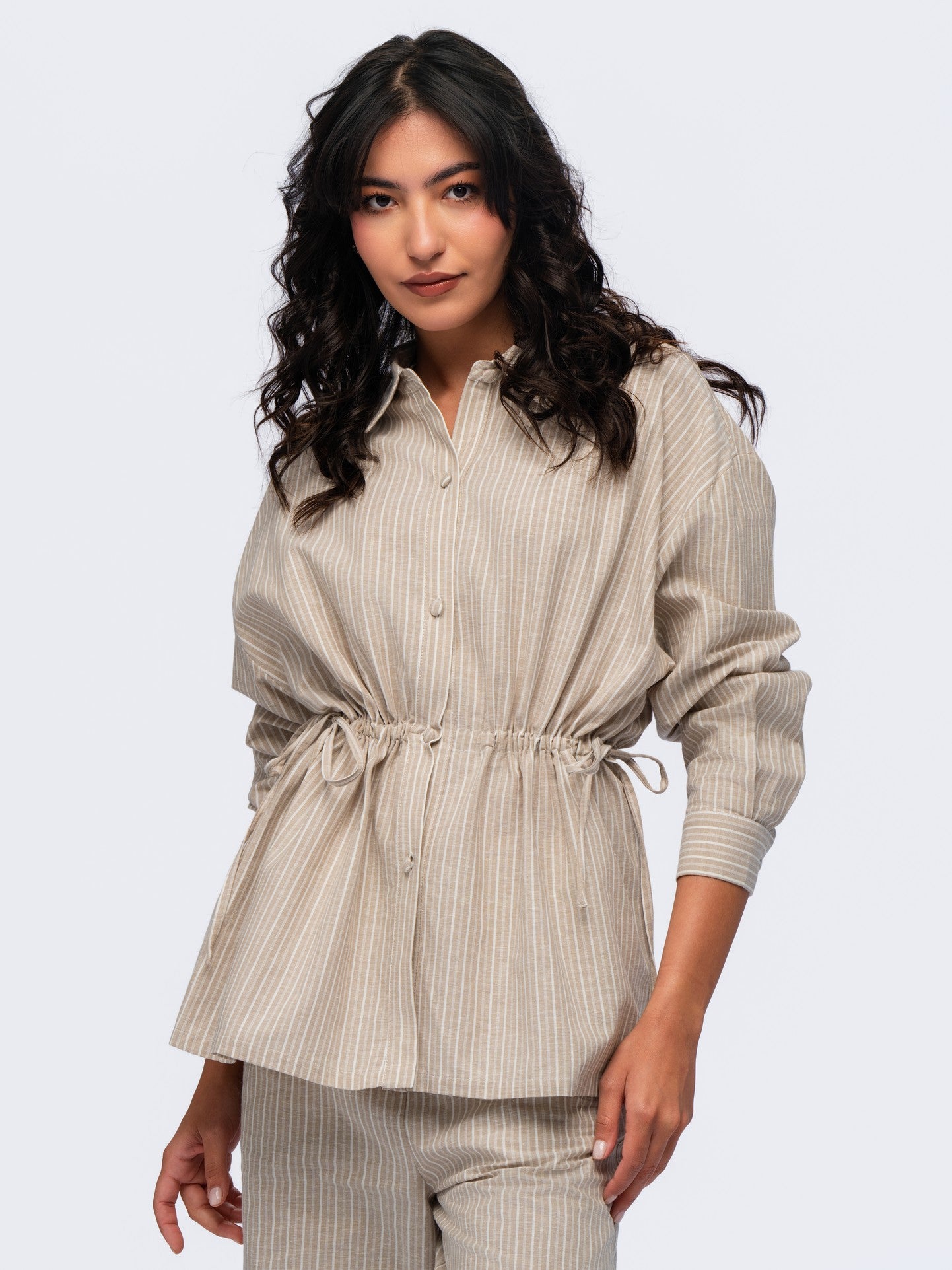 Drawstring Linen Shirt - BEIGE & CREAM STRIPES