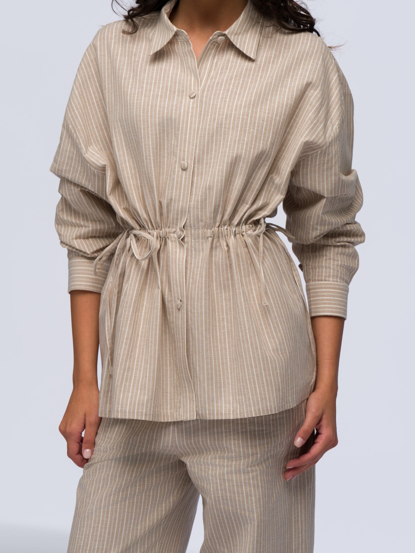 Drawstring Linen Shirt - BEIGE & CREAM STRIPES