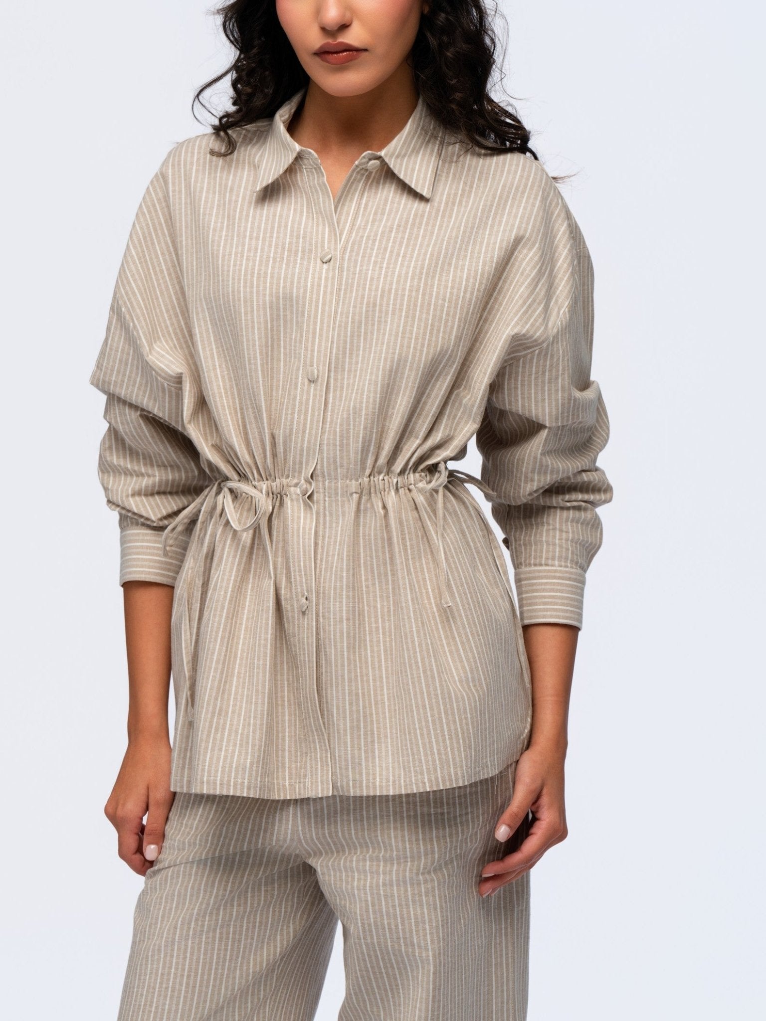 Drawstring Linen Shirt - BEIGE & CREAM STRIPES