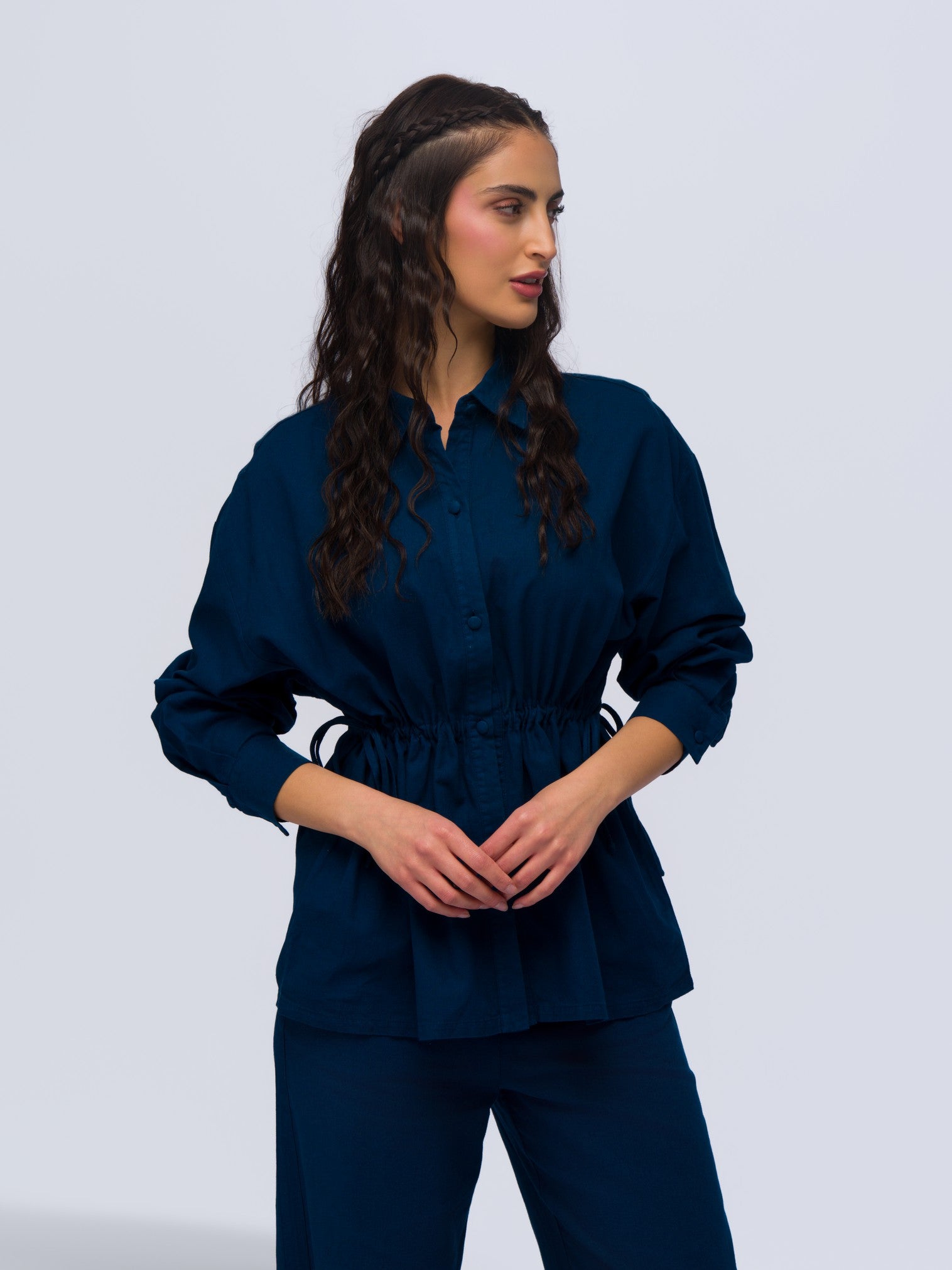 Drawstring Linen Shirt - MIDNIGHT DENIM