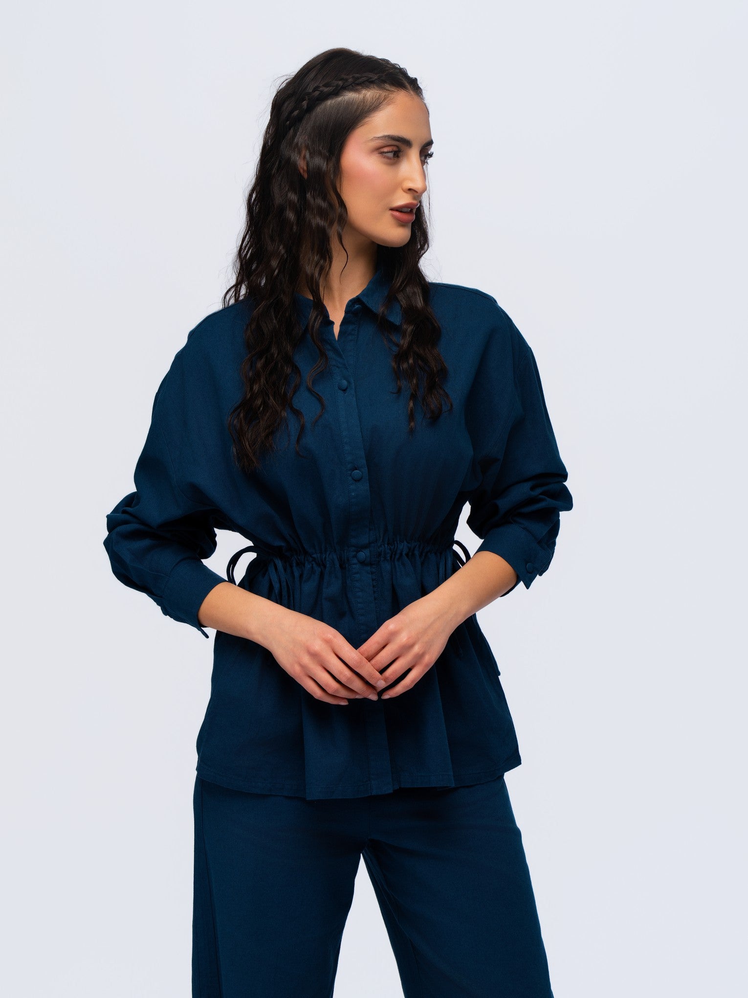 Drawstring Linen Shirt - MIDNIGHT DENIM