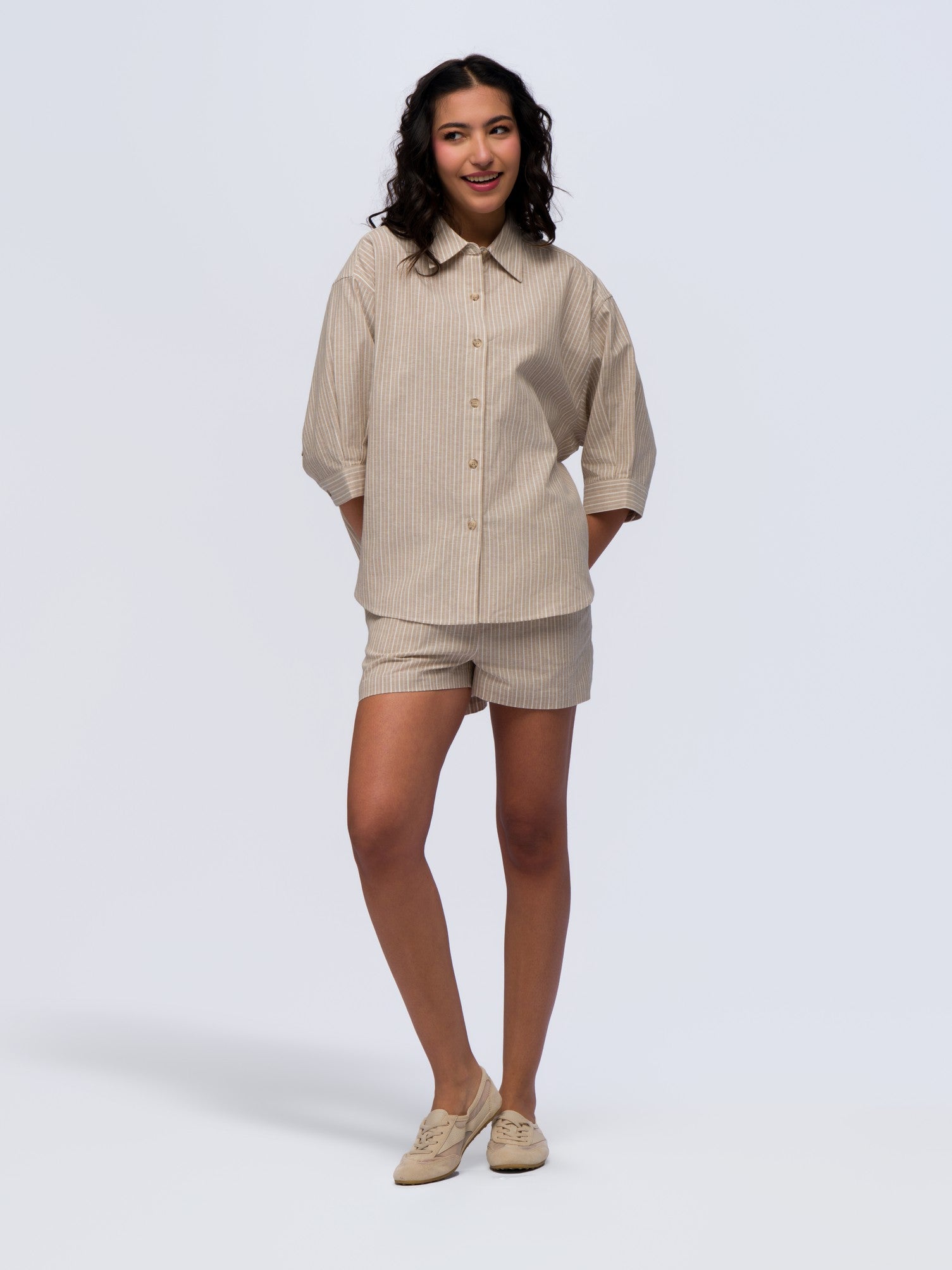Oversized Linen Shirt - BEIGE & CREAM STRIPES – Kayanee