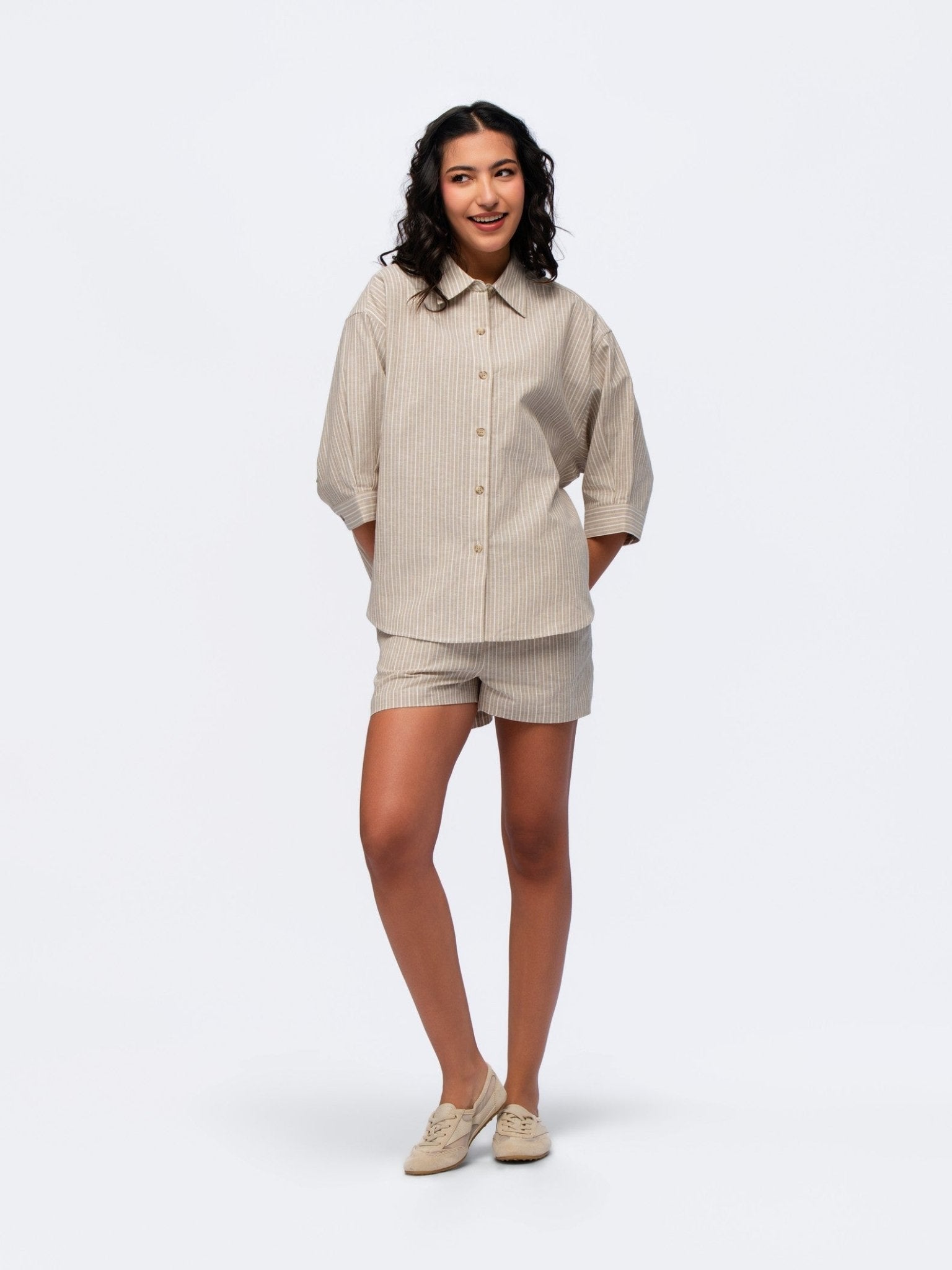 Oversized Linen Shirt - BEIGE & CREAM STRIPES
