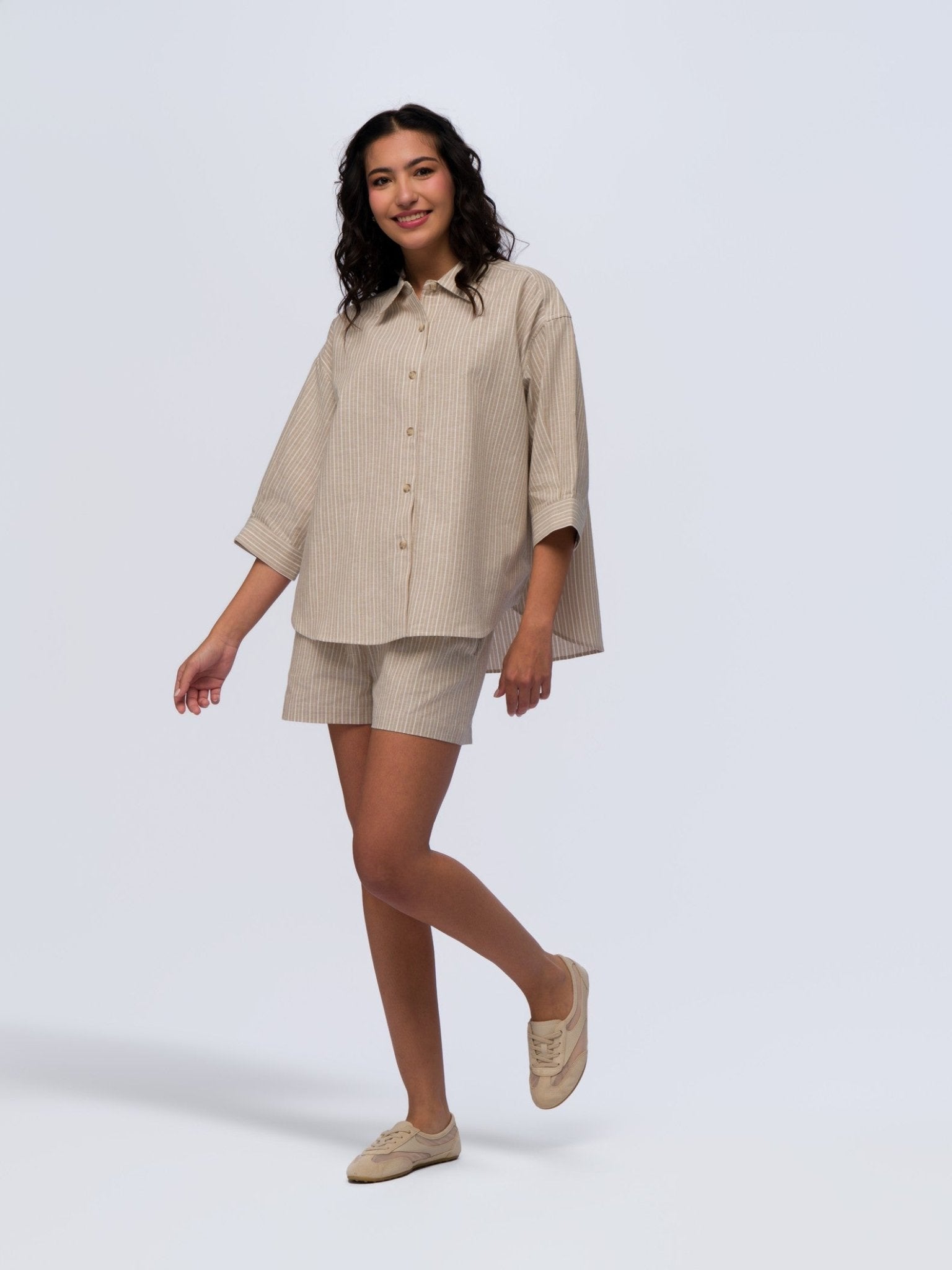 Oversized Linen Shirt - BEIGE & CREAM STRIPES