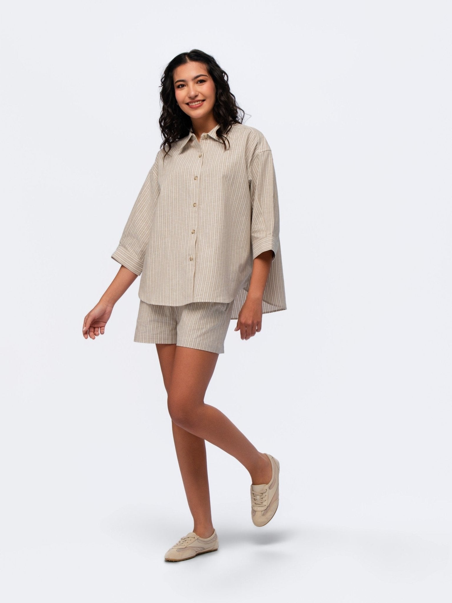 Oversized Linen Shirt - BEIGE & CREAM STRIPES