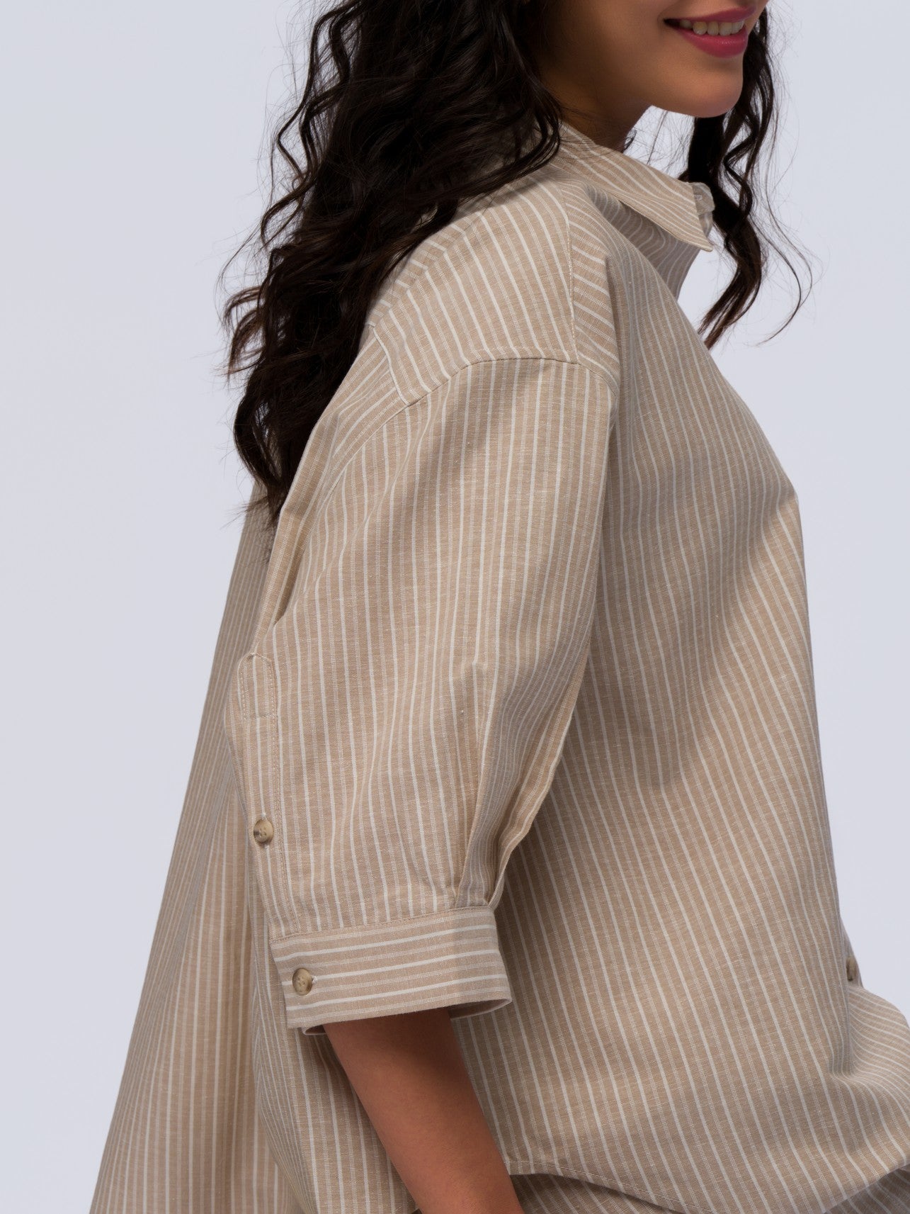 Oversized Linen Shirt - BEIGE & CREAM STRIPES