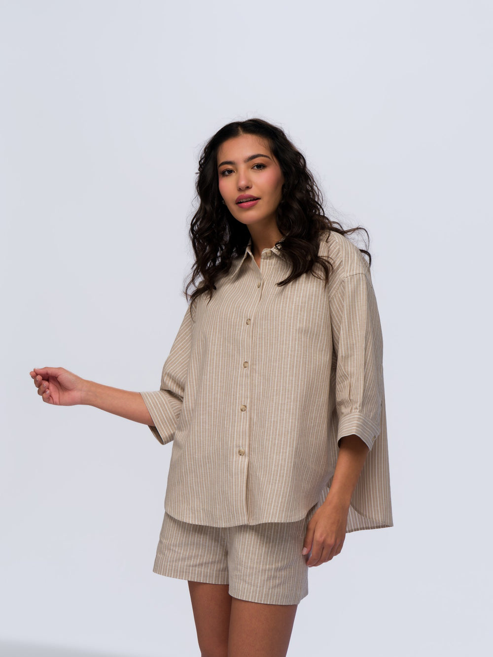 Oversized Linen Shirt - BEIGE & CREAM STRIPES