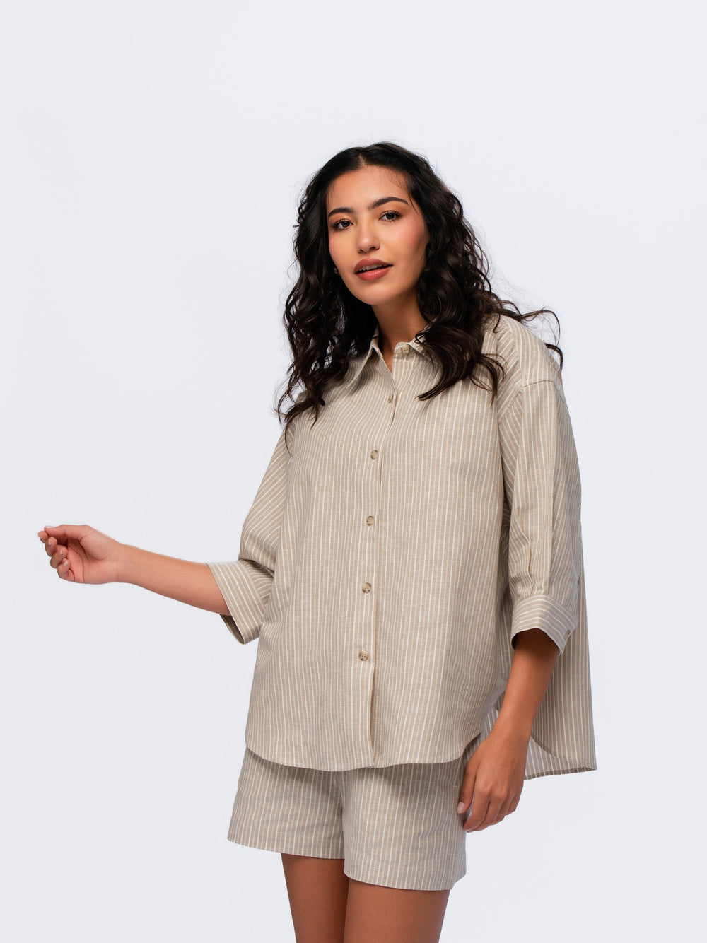 Oversized Linen Shirt - BEIGE & CREAM STRIPES