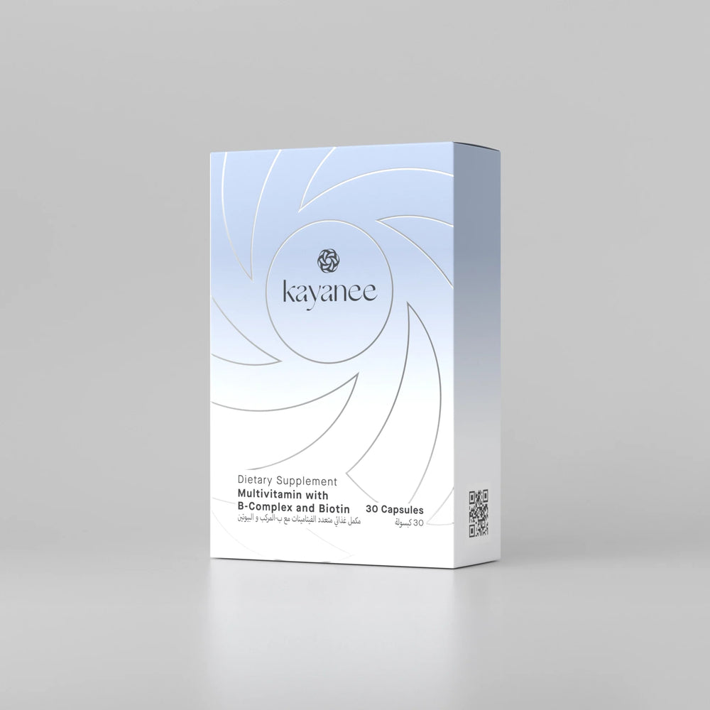 Side closeup of multivitamin with b-complex & biotin - صورة جانبية لمكمل غذائي متعدد الفيتامينات مع فيتامين ب المركب والبيوتين